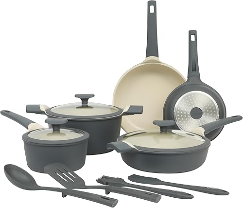 Oster Platinum Rooney - Juego de ollas y sartenes de aluminio fundido de 12 piezas, sin PFA, cerámica antiadherente, juego de utensilios de cocina