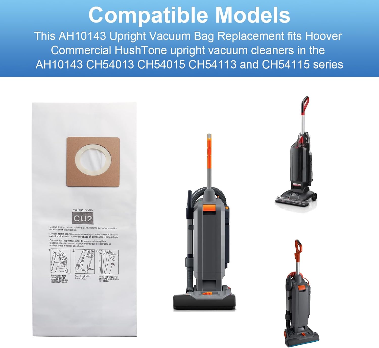 AH10143 Upright Bags for Hoover HushTone CU2 Vacuum Cleaner CH54013 CH54015 CH54113 CH54115, for hoover commercial vacuum bags, 10 Pack - White