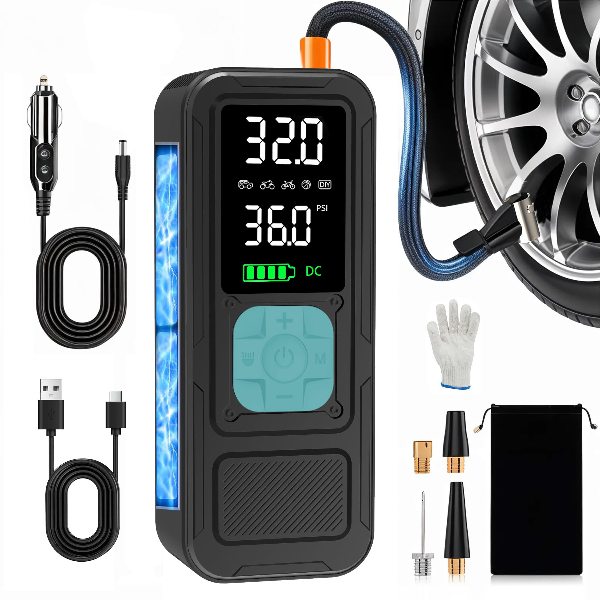 Y34 Tire Inflator Portable Air Compressor,4X Faster Inflation,8000mAh Cordless/12V DC 150PSI Air Pump with Digital Pressure Gauge for Car,Motorcycle,Bike,Gifts for Him