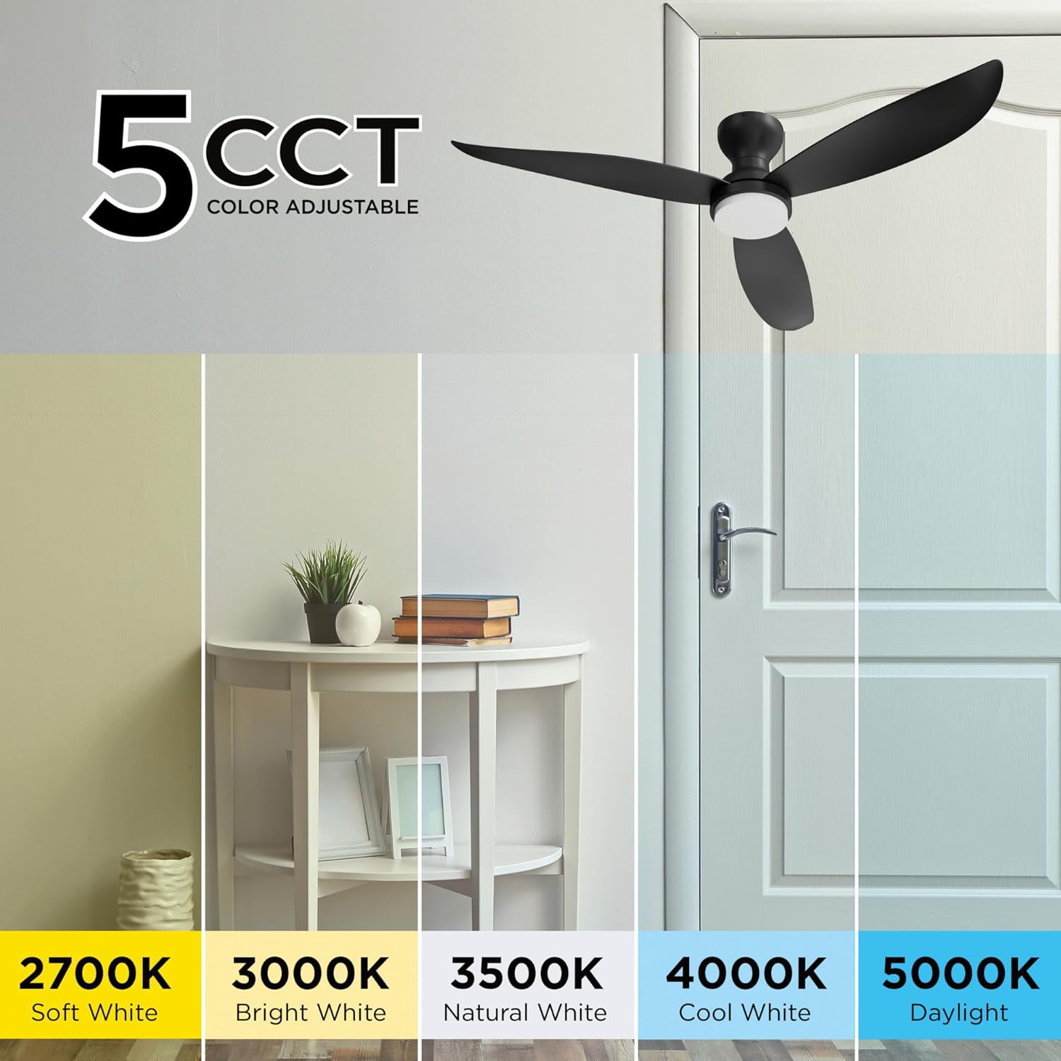 AFX BNKN523 Banks 52 Inch Ceiling Fan | 3 Blade Modern Indoor Outdoor Fan with Reversible DC Motor and Wall Switch | Integrated LED Downlight | Adjustable 5-in-1 CCT 2700K-5000K | Black | Wet Rated