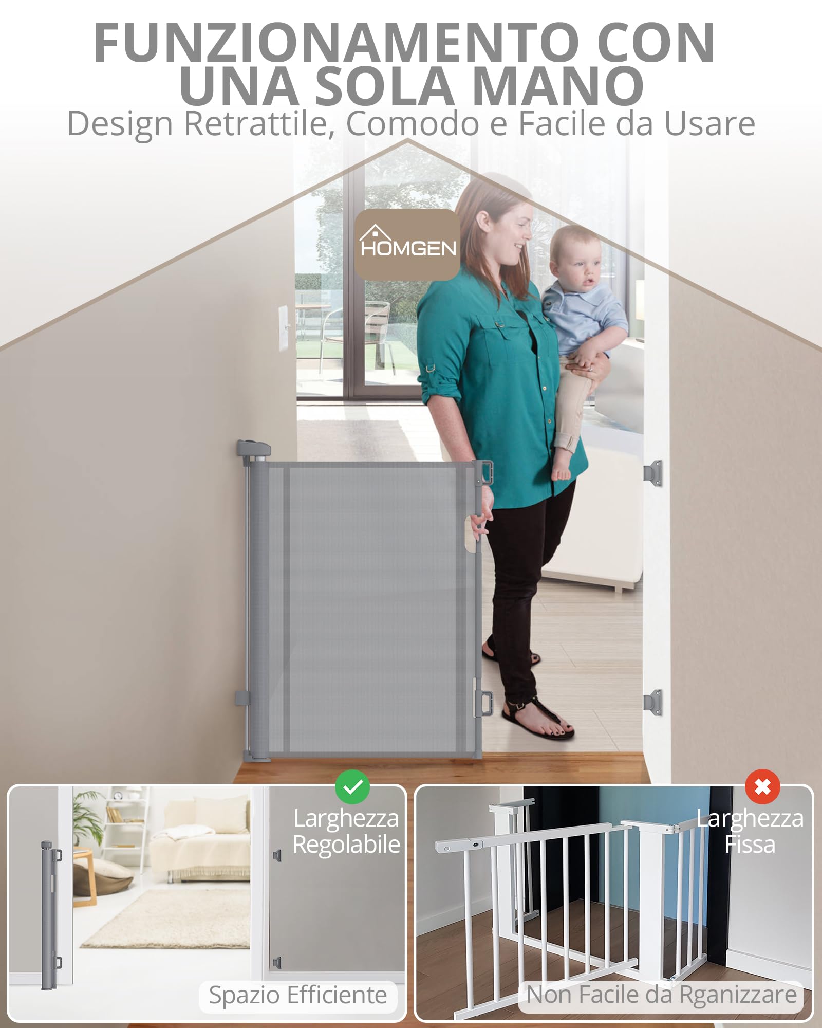 HOMGEN Cancello per Scale Retrattile Durevole Cancello Retrattile per Bambini 180cm con manopole Facile da Installare Cancello Retrattile per Cani Alto 86cm Cancello Retrattile Antistrappo -Grigio