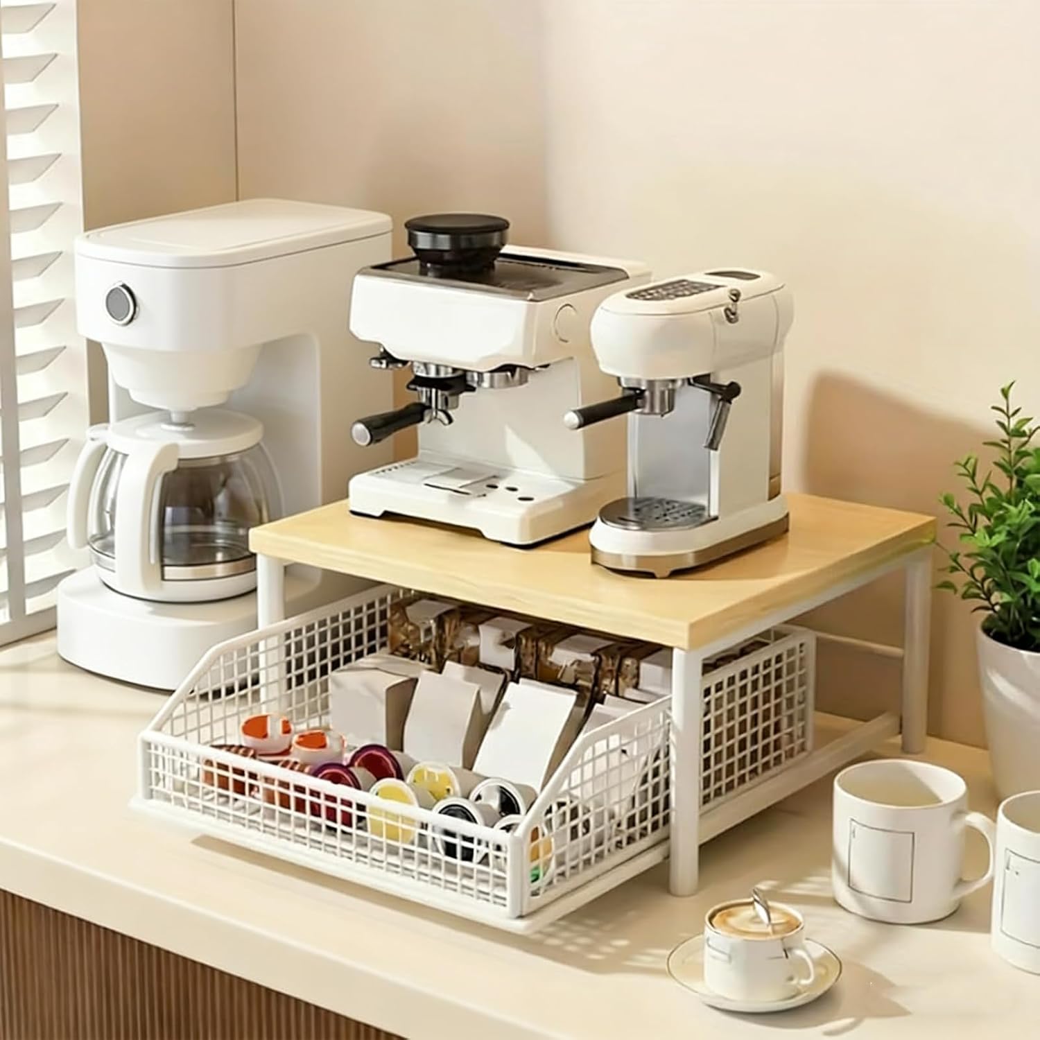 Countertop Organizer for Kitchen,2 Tier Kitchen Shelf Microwave Stand with Bottom Storage Basket,Small Storage Microwave Shelf for Office Living Room Bedroom (white)