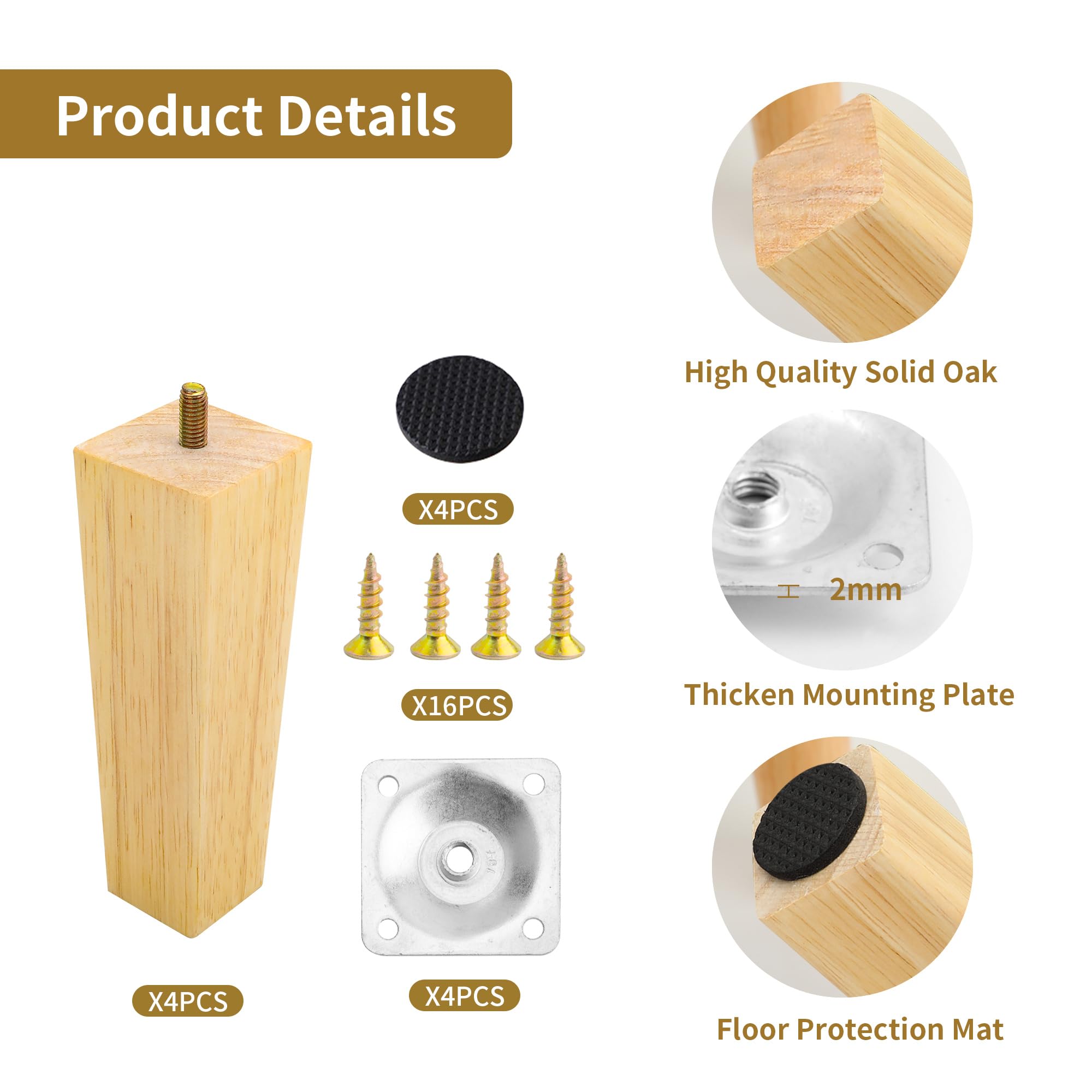 YKUKIZEE 4 Pack Square Wooden Sofa Legs 15 cm,Wood Chair Legs Solid, 6 Inch Square Tapered Wooden Table Legs… - Image 2