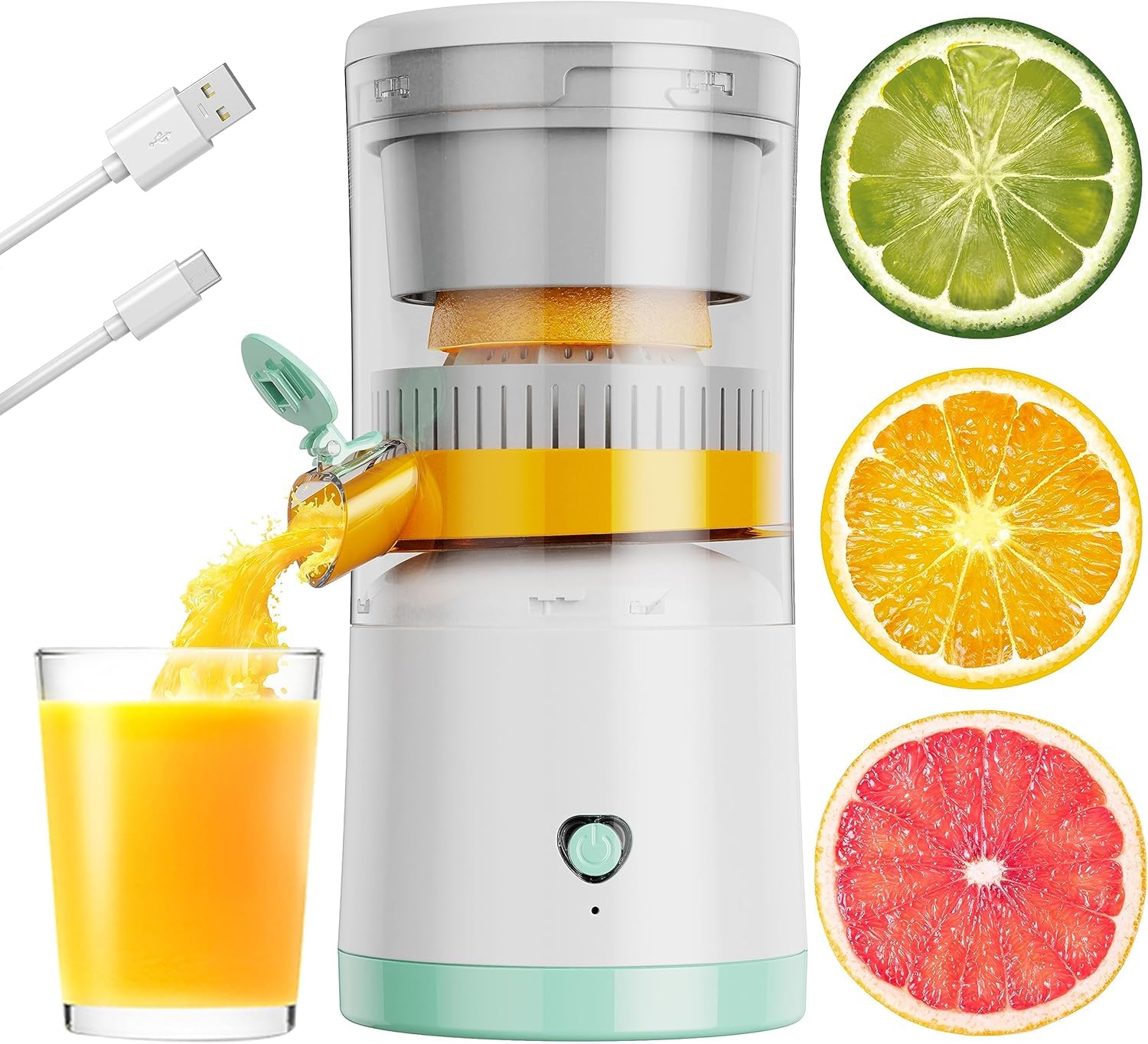 Electric Juicer Rechargeable, Portable Orange Citrus Juicer Machines with USB and Cleaning Brush for Orange, Lemon, Citrus, Limes, Grapefruit, Apples