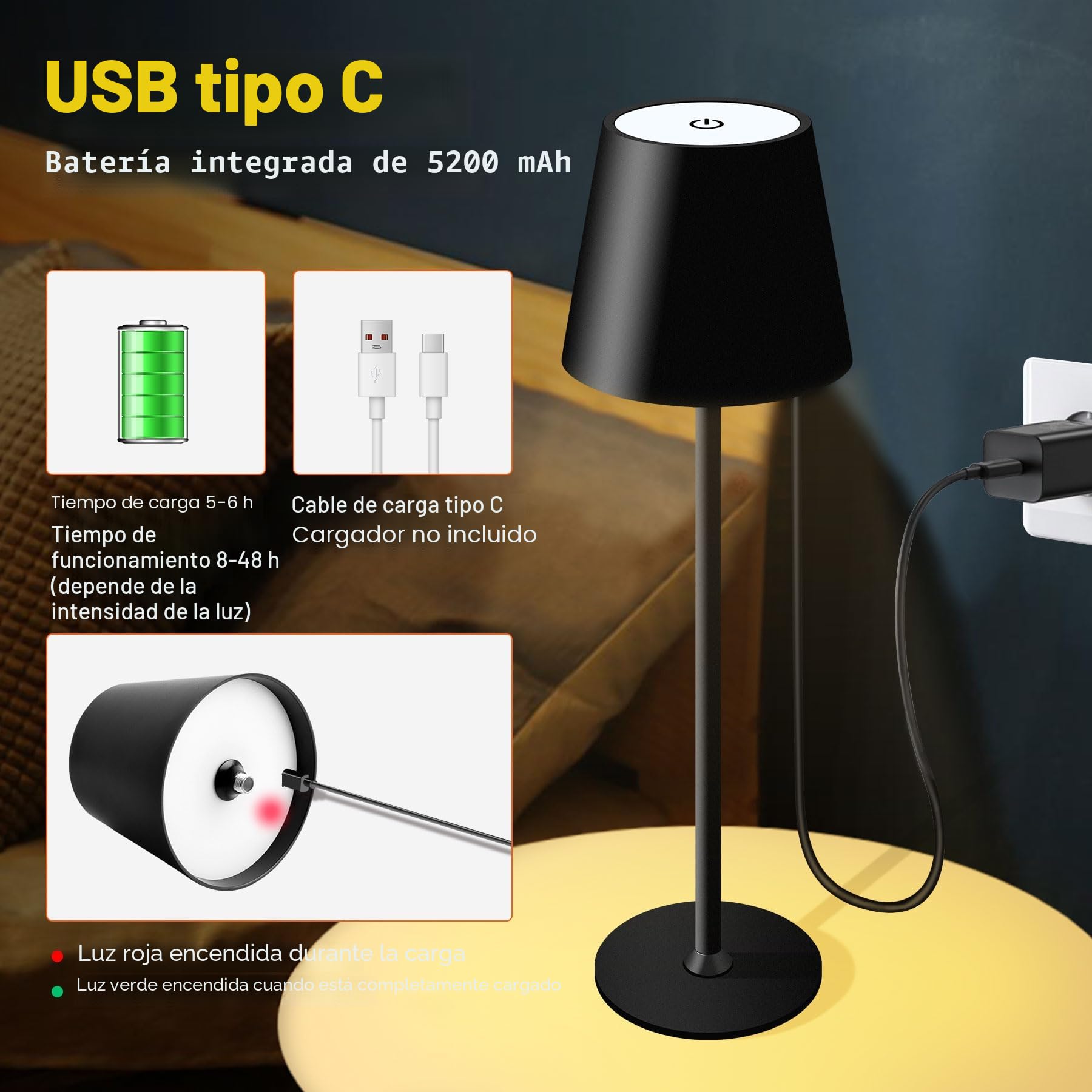 2 x Lámpara de Mesita de Noche sin Cable, 5W, 5200mAh, 3 Modos | 2700K-6000K, Duración de 8 a 48 Horas, Recargable por USB-C, IP54, Portátil para Dormitorio, Bar, Patio, Corte de Luz