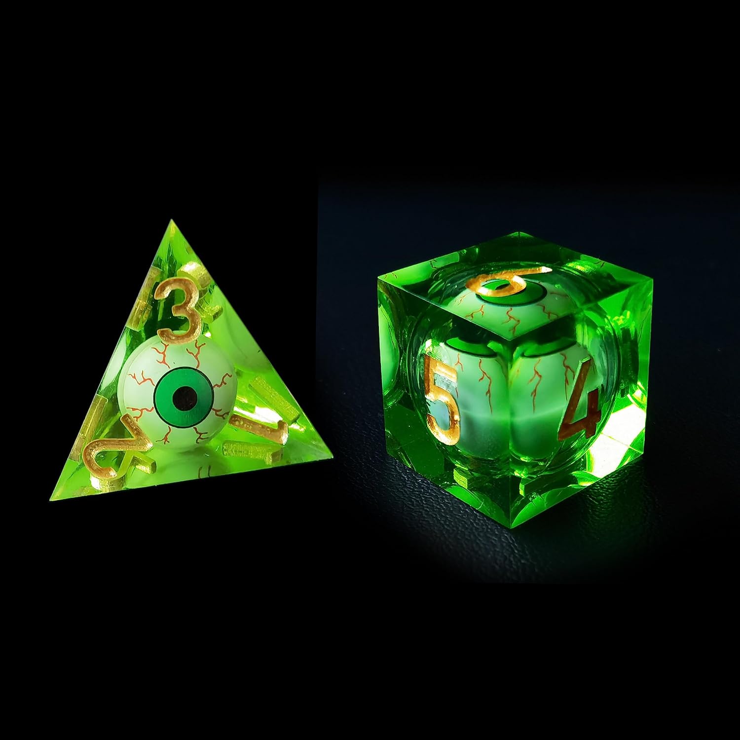 BESCON DICE Sharp Edged Liquid Core Rolling Eyeball Polyhedral Dice Set - Razor Edge Polyhedral Dice with Rolling Eyeball Inside (7pcs RPG Dice Set with Green Eye)