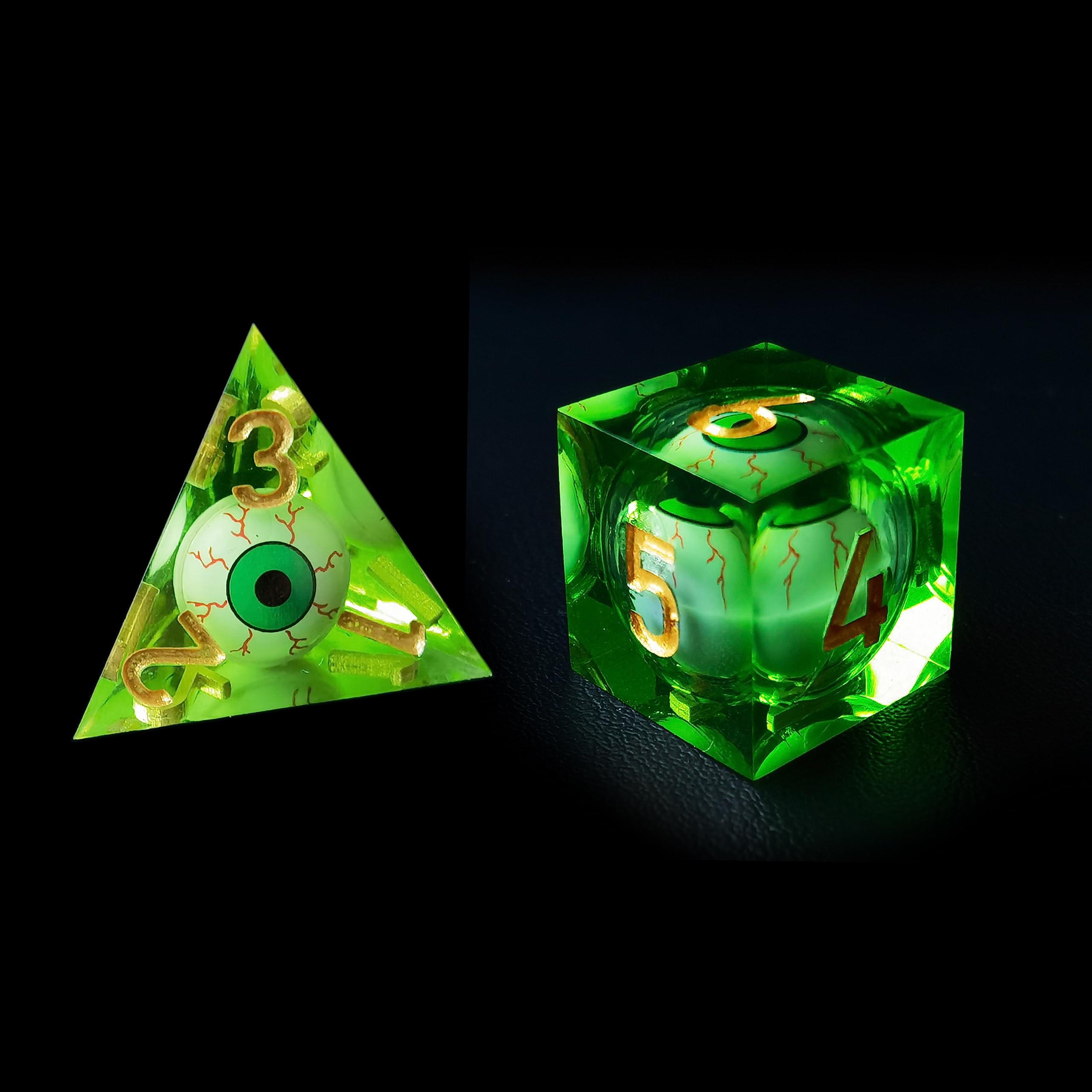 BESCON Sharp Edged Liquid Core Rolling Eyeball Polyhedral Dice Set – Razor Edge Polyhedral Dice with Rolling Eyeball Inside (7 szt. RPG Dice Set with Green Eye)