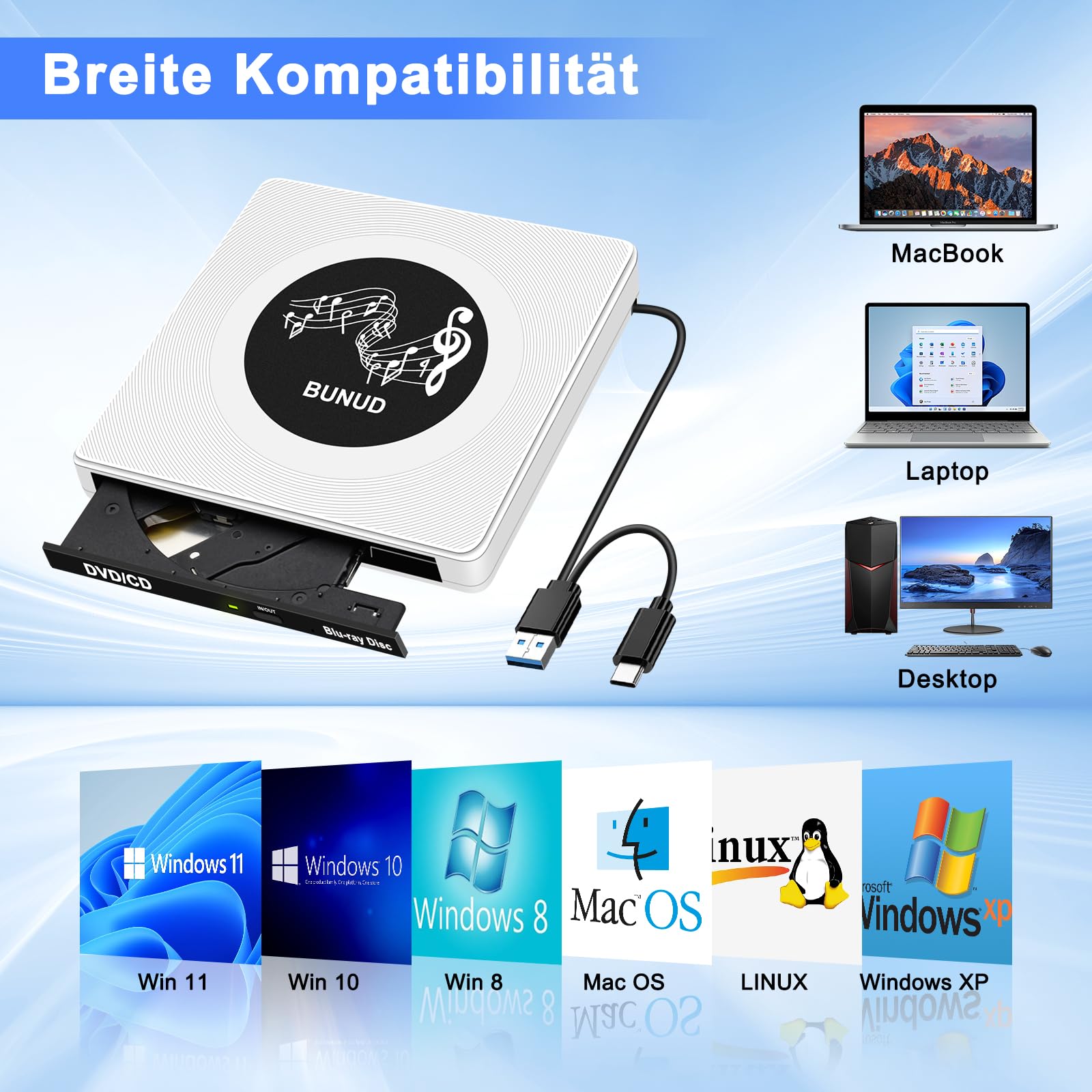 BUNUD Externes Blu Ray Laufwerk, USB 3.0 Bluray Brenner Extern USB C Externe Blu-ray Laufwerk mit 2 USB & SD/TF Slots, Externe Bluray laufwerke für PC Laptop Windows 11/10 Mac MacBook