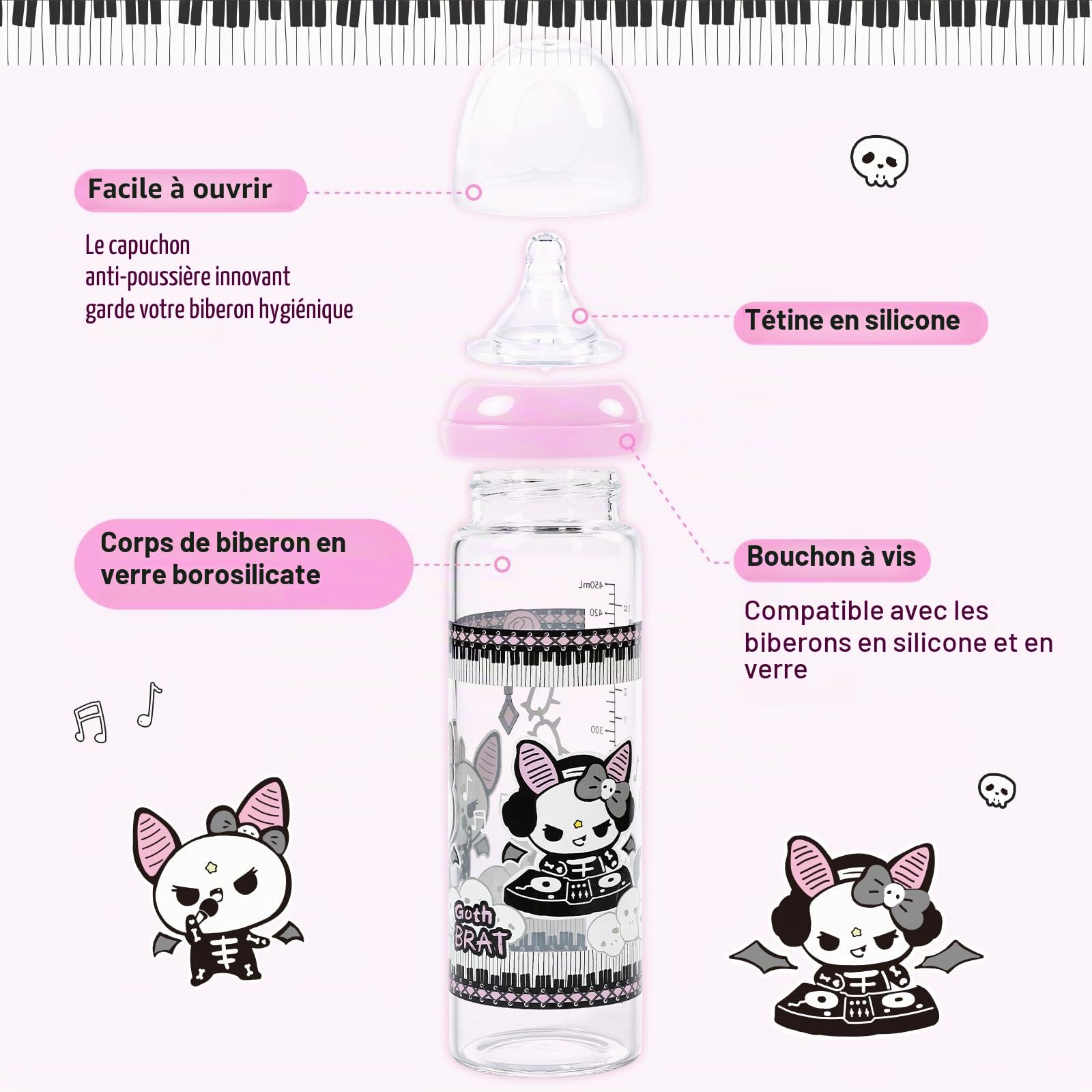 LittleForBig Biberon adulte ultra imprimé spécial surdimensionné en verre avec motif Bella Goth Brat