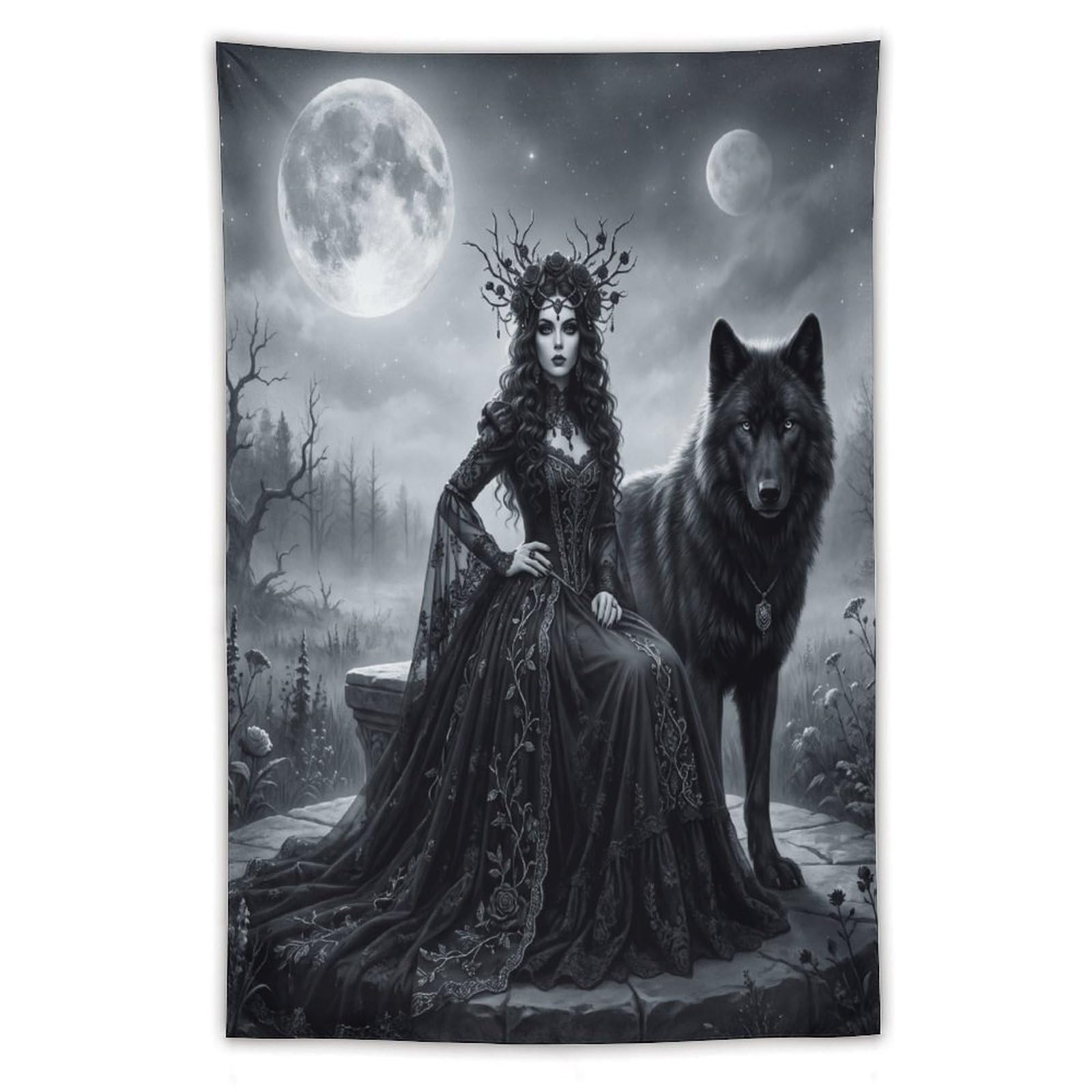 W7C8U2X3 Snowy Wolf Queen Wall Tapestry, Oil Painting Style, Gothic Fantasy