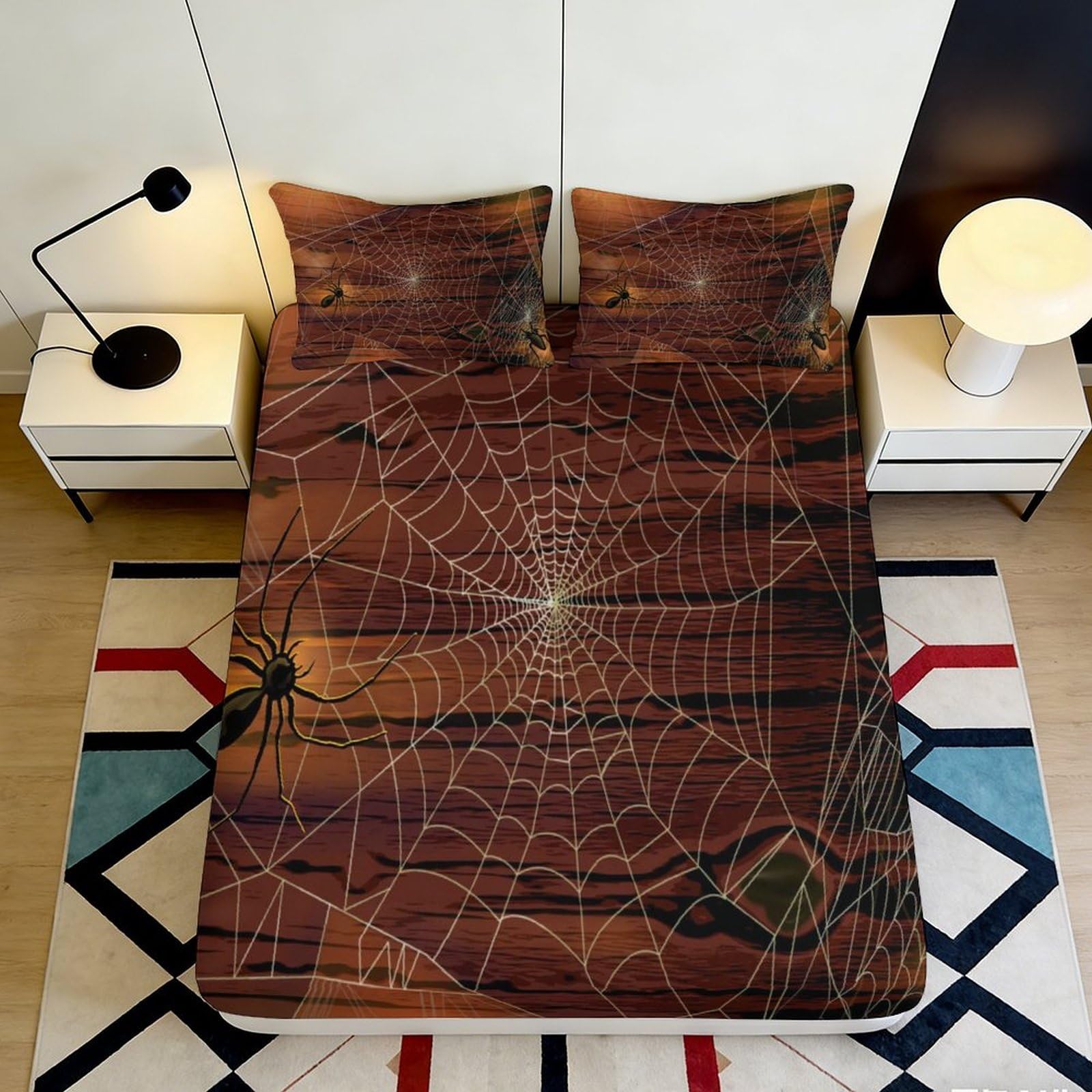 3D Printed Spider Web Fitted Sheet Microfiber Brown Halloween Spider Mattress Cover for Bedroom Dorm Room Decor 120x200cm 90x200x25cm