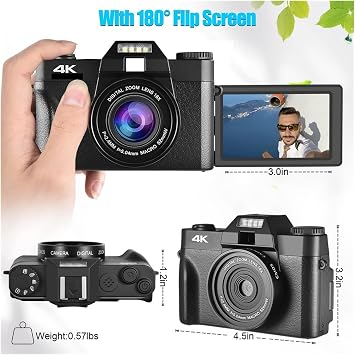 Digital Camera for Photography, 48 MP, Digital Camera, 3 Flip Rotating Screen, 4K Selfile Camcorder, 16X, Digital Zoom, Streaming Video Camera, Easy to Use, Zoom, School Trips, Students, Beginners