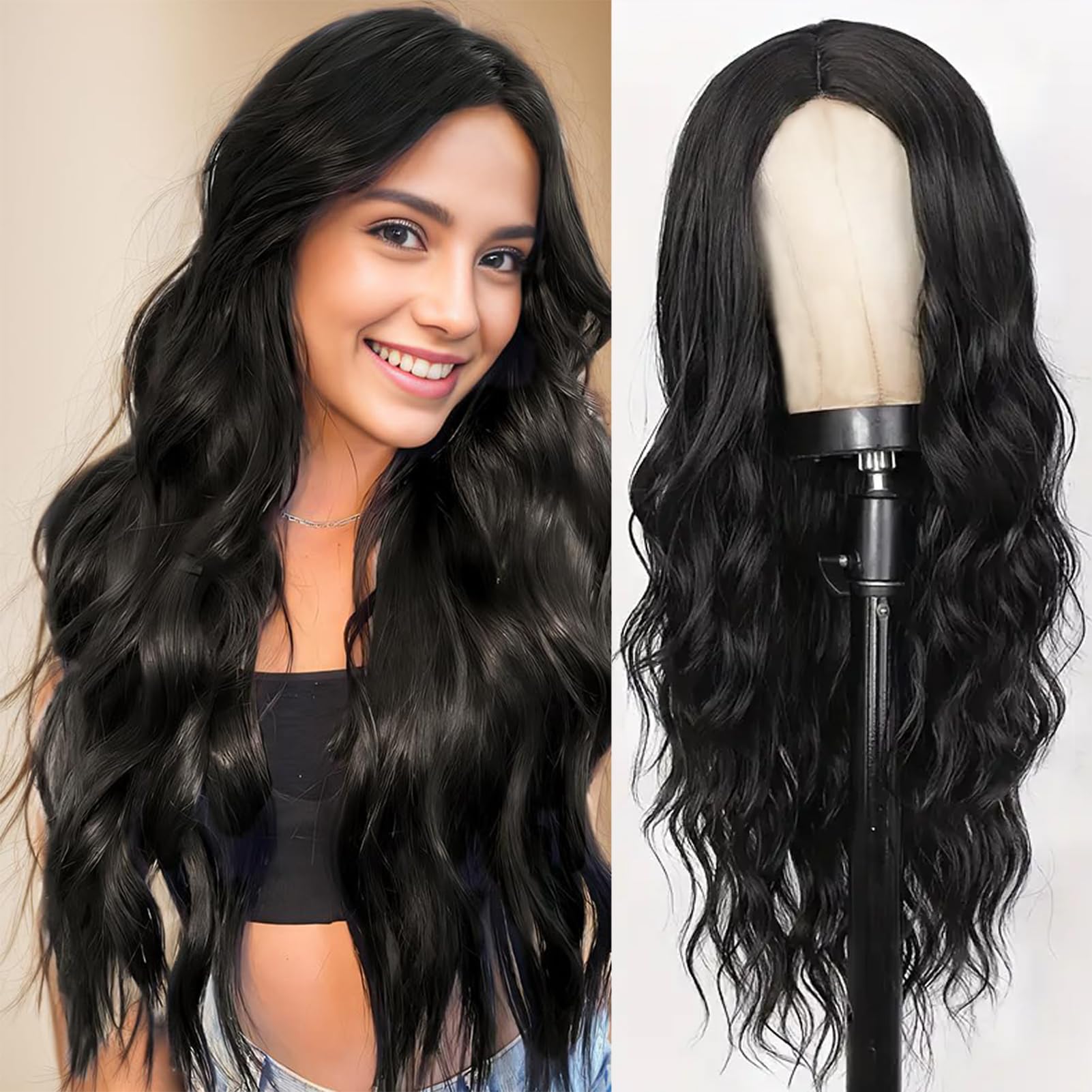 XCHJH Synthetic Lace Front Wig 26 Inch Black Wig for Women 13x4x1 T-Part Long Wavy Wig Natural Looking Synthetic Heat Resistant Wig for Daily Party