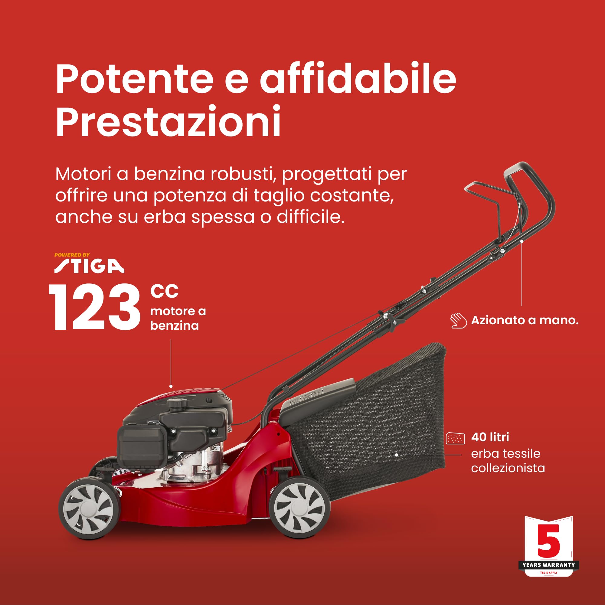 MOUNTFIELD HP41 - Rasaerba a scoppio azionato a mano da 123 cc, larghezza di taglio di 39 cm, raccoglitore dell'erba da 40 litri
