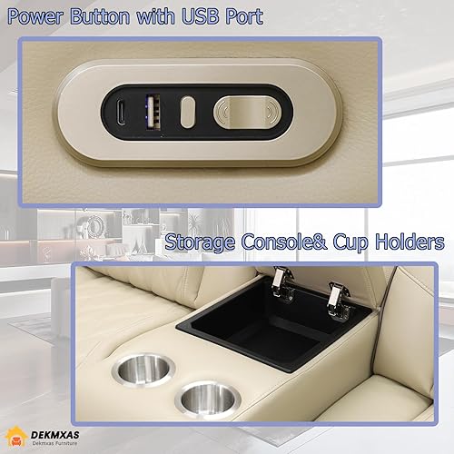 Miniatura 5 de Juego de muebles de sala de estar, sofá reclinable eléctrico con puerto USB, sofá reclinable eléctrico de cuero beige, sofá biplaza y silla