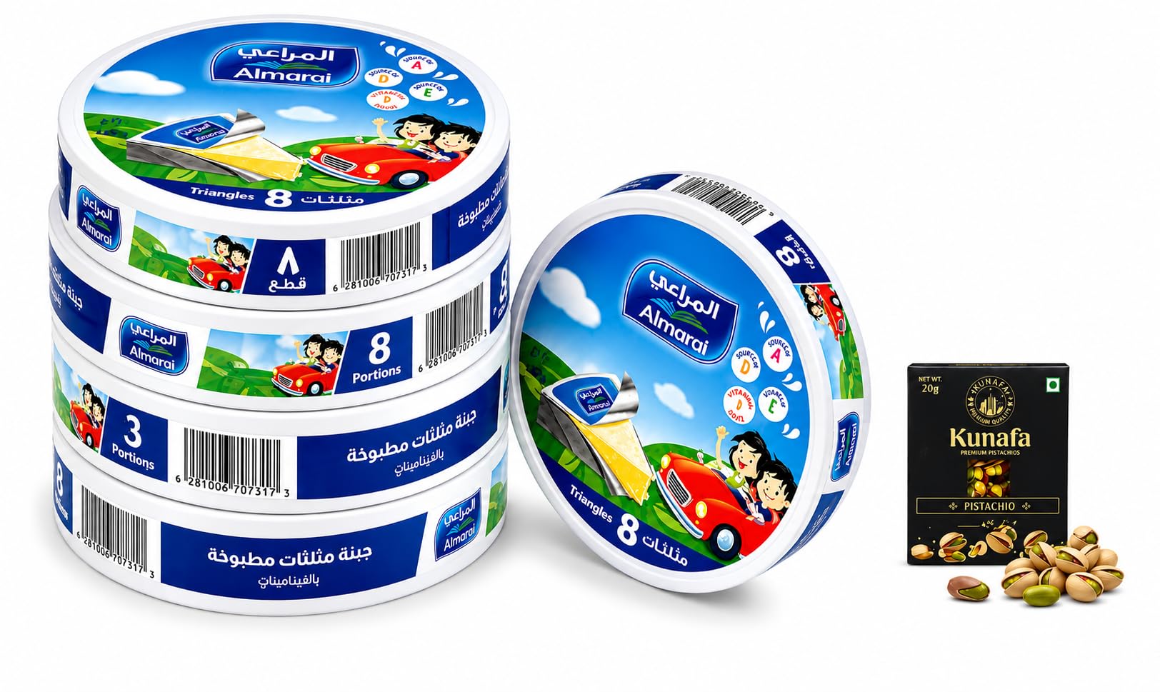Almarai Processed Cheese Triangles, 8 Portions, Source of Vitamins A, D & E, Pack of 5 with Free Flavourito Kunafa Pistachio Chocolate Bar, 20g By Decadent Foods-image-42