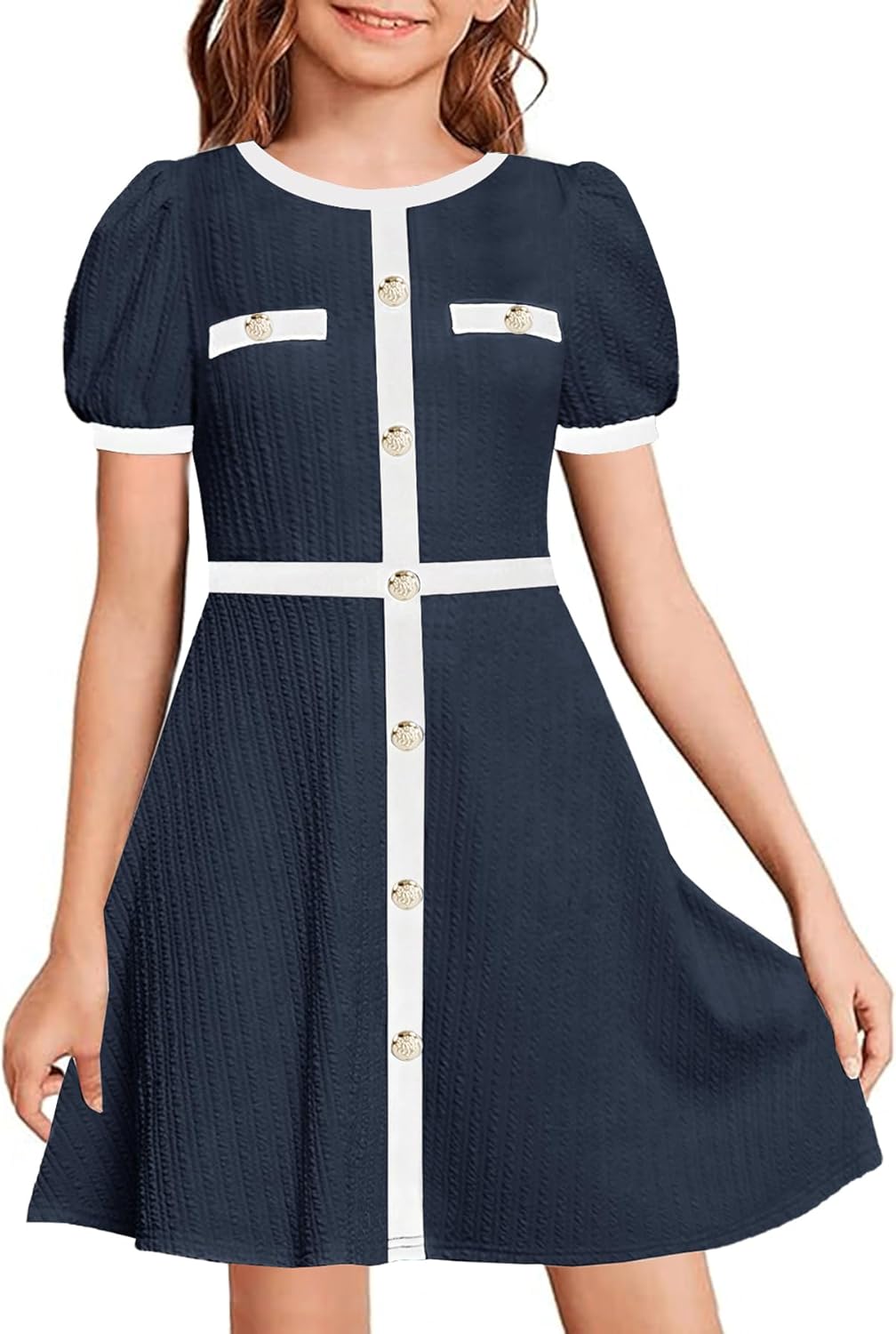 YOVION Girls Summer Dress Puff Sleeve Crewneck Button Color Block Casual Party Dresses with Pockets for 6-12 Y