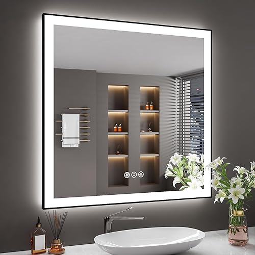 Miniatura 65 de Espejo de baño LED de 20x28 pulgadas con marco negro, espejos de baño retroiluminados y con luz frontal para pared, antiempañamiento, regulable, con