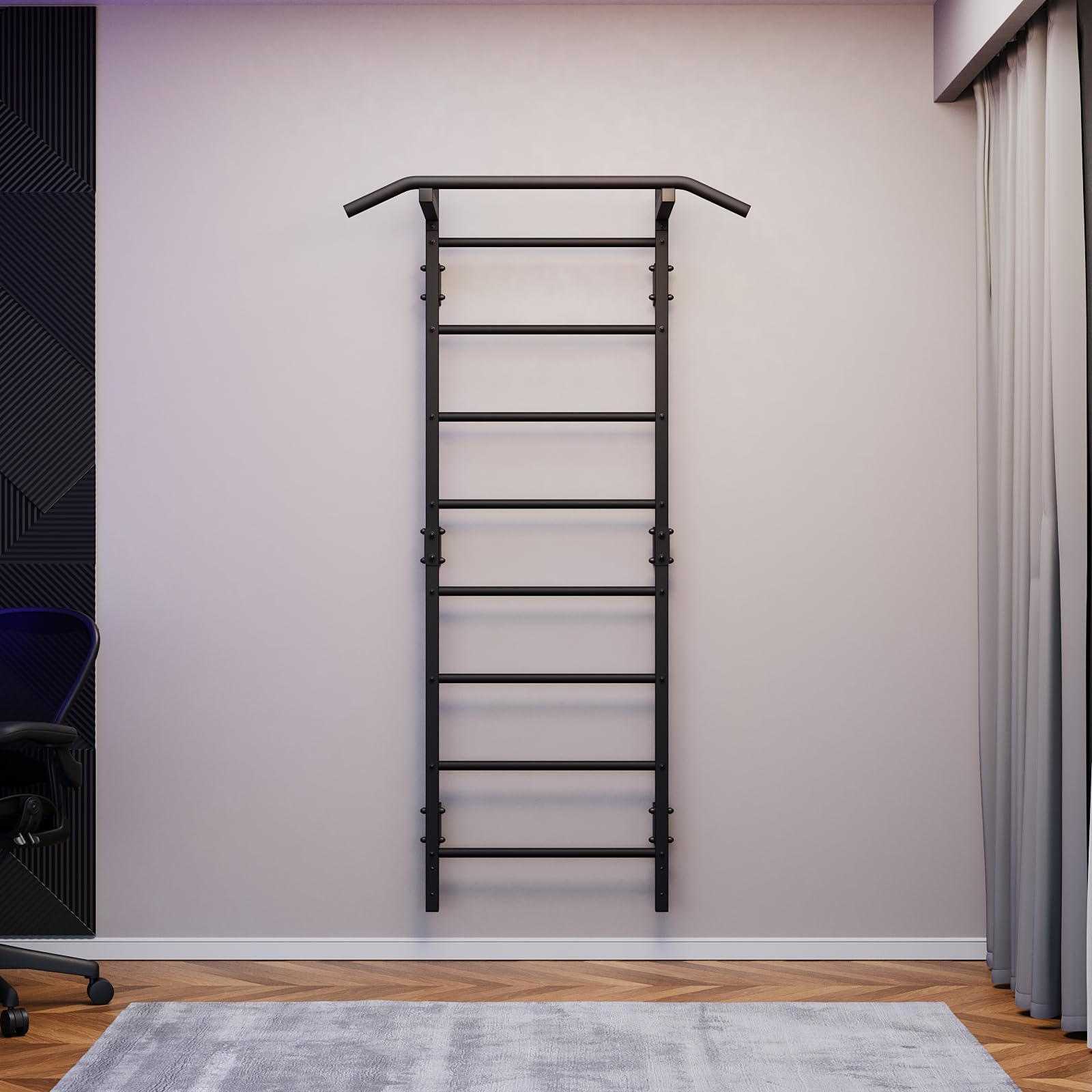 QLS Sprossenwand mit Klimmzugstange Stahl bis 250 kg 228 cm Schwarz | Wandmontage für Home Gym mit 115 cm breiter Klimmzugstange. Profil 40 x 40 x 2 mm, Montagesatz ohne Wanddübel