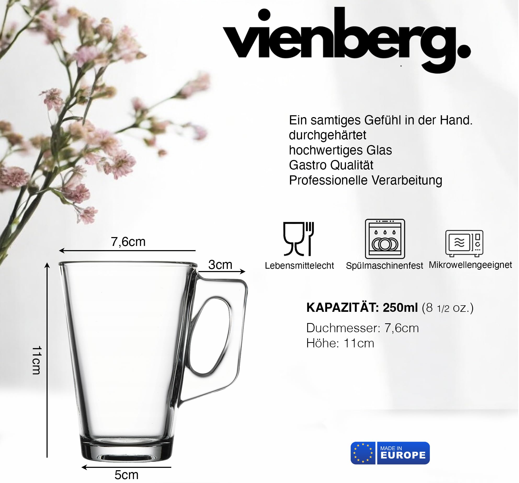 Vasos de té con asa, vasos de té de 250 ml, vasos de café, taza de cristal para latte macchiato, copas de vino caliente, vasos de té con asa, fabricados en Europa (24)
