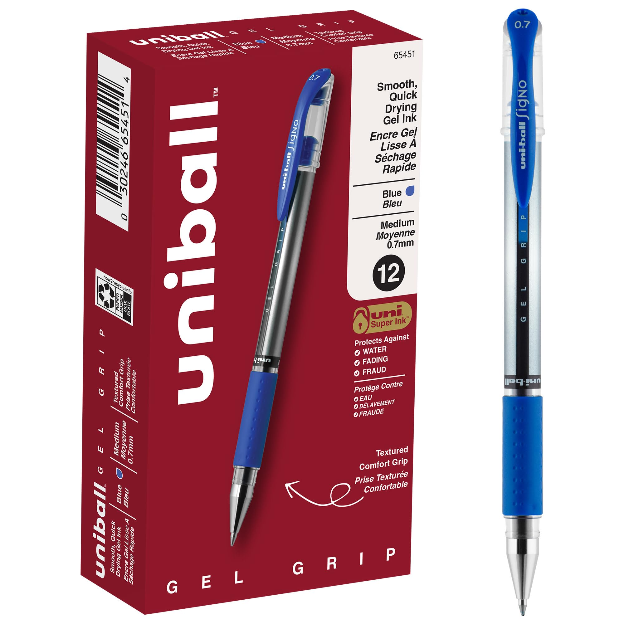 uni-ball Gel Grip Pens, Medium Point (0.7mm), Blue, 12 Count