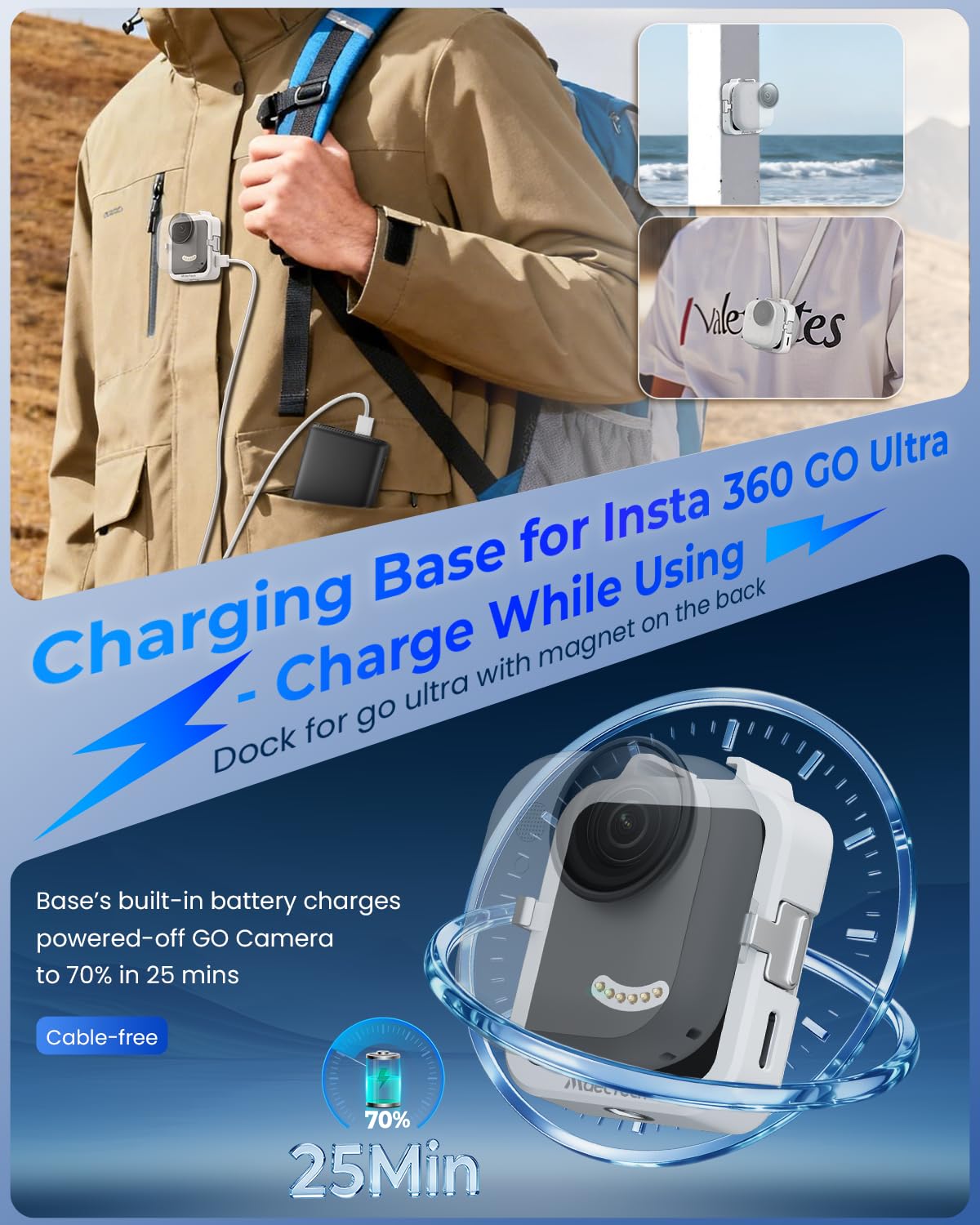 Base de carga recargable con batería integrada de 450 mAh para estación de carga Insta360 GO Ultra para accesorios GO Ultra, montaje de liberación rápida, color blanco