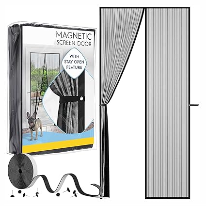Upgraded Magnetic Mosquito Net for Door Screen Door Mesh- with Strap Door Nets Size 38 x 82 inch Fiberglass Door Screen Magnetic Full Frame Hook&Loop, Self Sealing, Pet and Kid Friendly