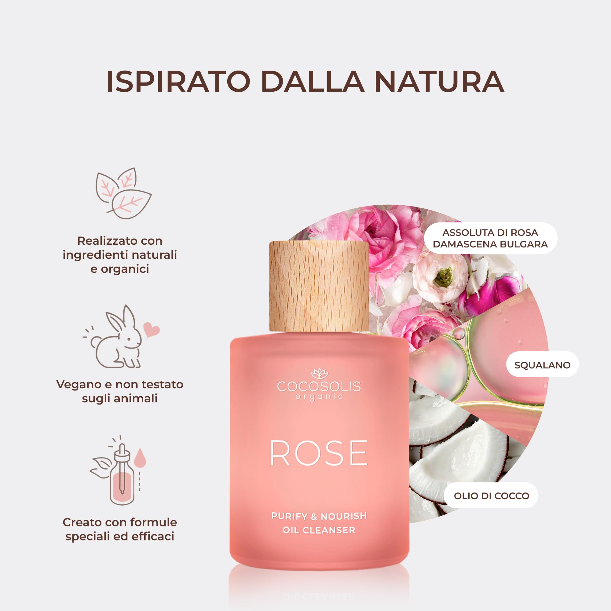 COCOSOLIS ROSE Purify & Nourish Oil Cleanser, olio detergente idratante e struccante, vegano, con estratto di rosa e vitamina E