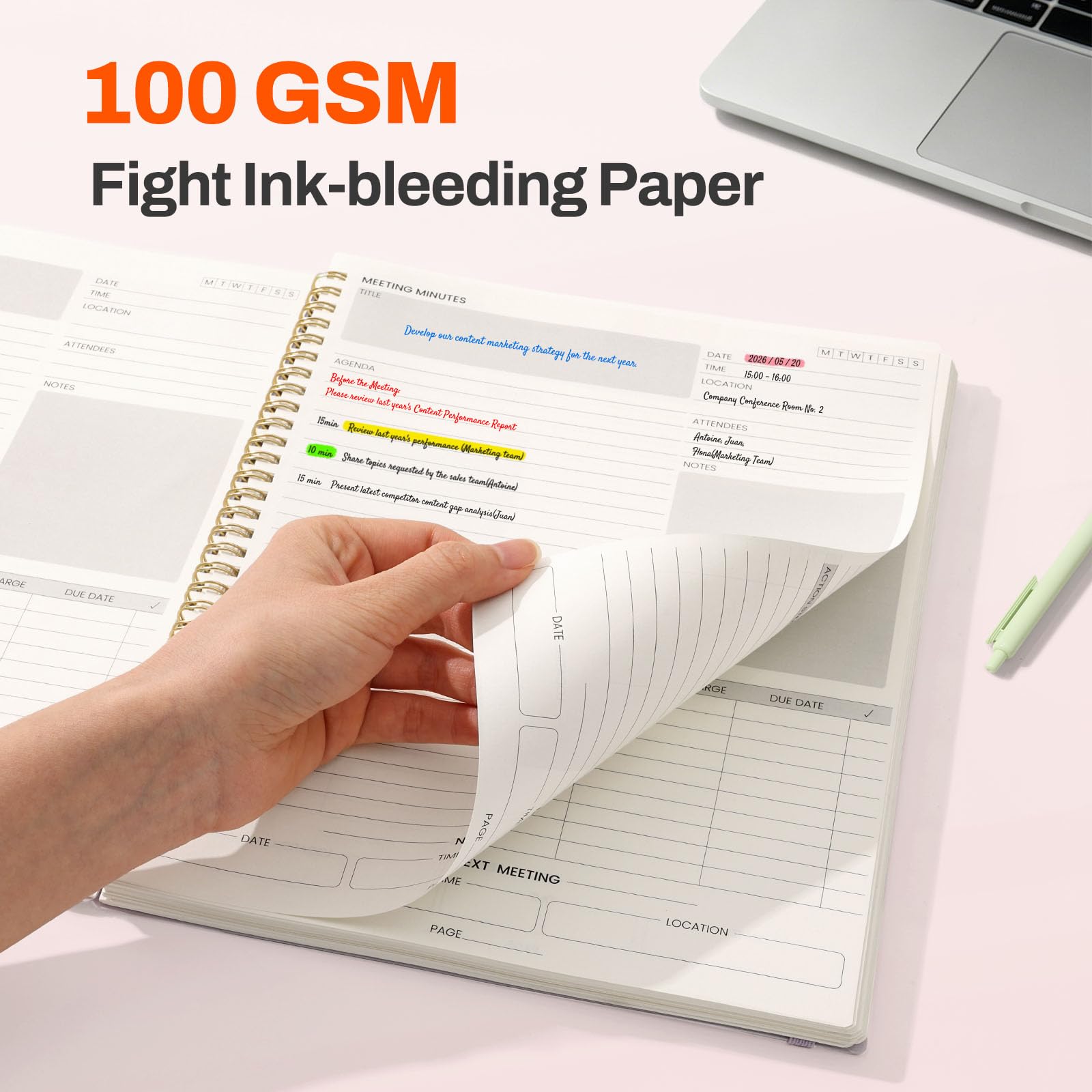 SUNEE Quaderno per riunioni per lavoro con oggetti di azione, 240 pagine, formato A4, agenda per riunioni, agenda e minuti per donne, uomini, appunti, ufficio, ufficio, affari, 21,5 x 28,9 cm, rosa