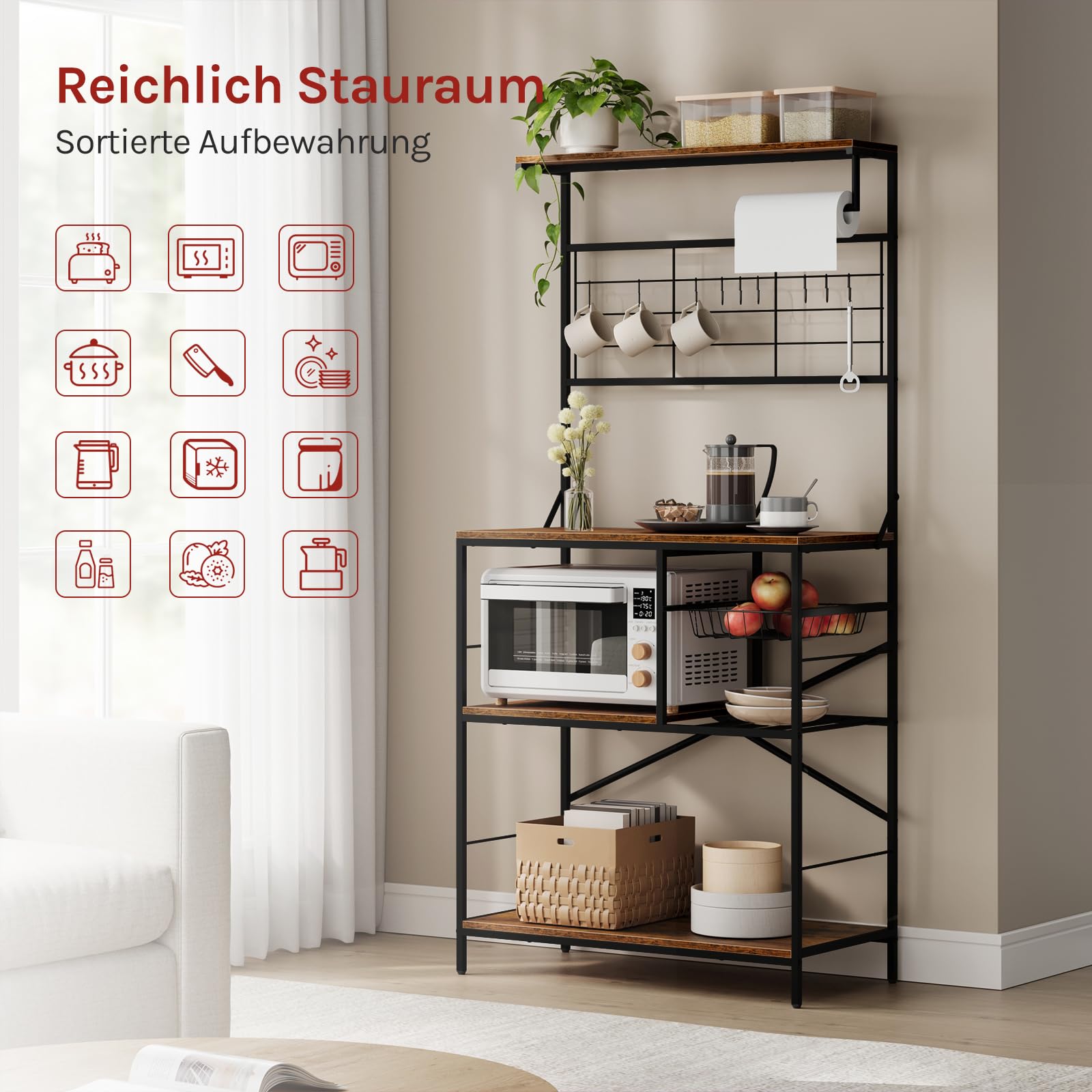 WOLTU Küchenregal mit 4 Ablagen und 10 S-Haken, Bäckerregal mit Küchenpapierhalter & Aufbewahrungskörbe, Mikrowellenhalter für Gewürze, Standregal Küche aus Metall & Holz, Rustikales Braun+Schwarz