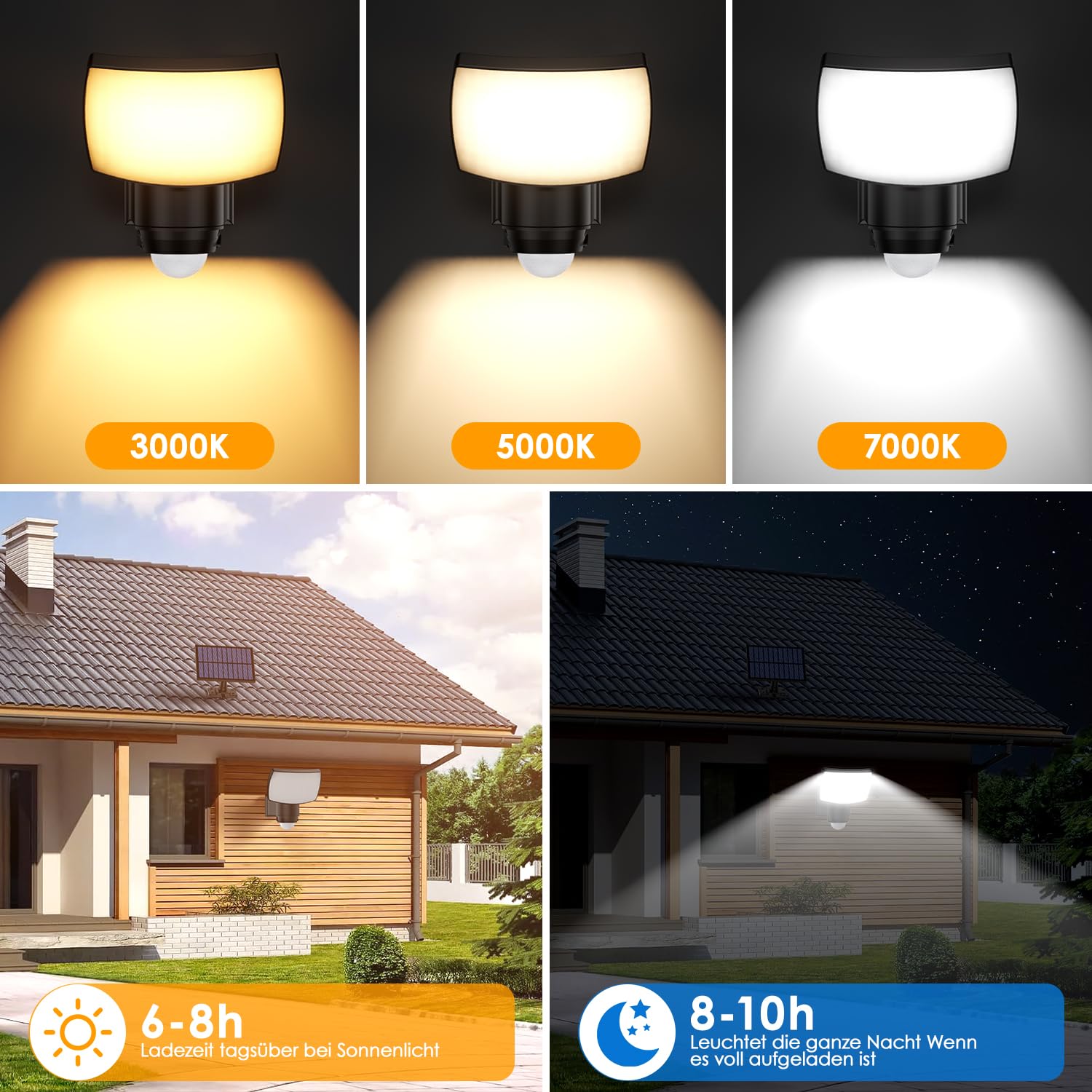 Solarlampen für Außen mit Fernbedienung, Led Solar Strahler mit Bewegungsmelder, 3000/5000/7000K, Solar Außenstrahler mit 3 Leuchtmodi, IP65 Wasserdicht Solarleuchte für Garage, Hof, Haustür, Garten