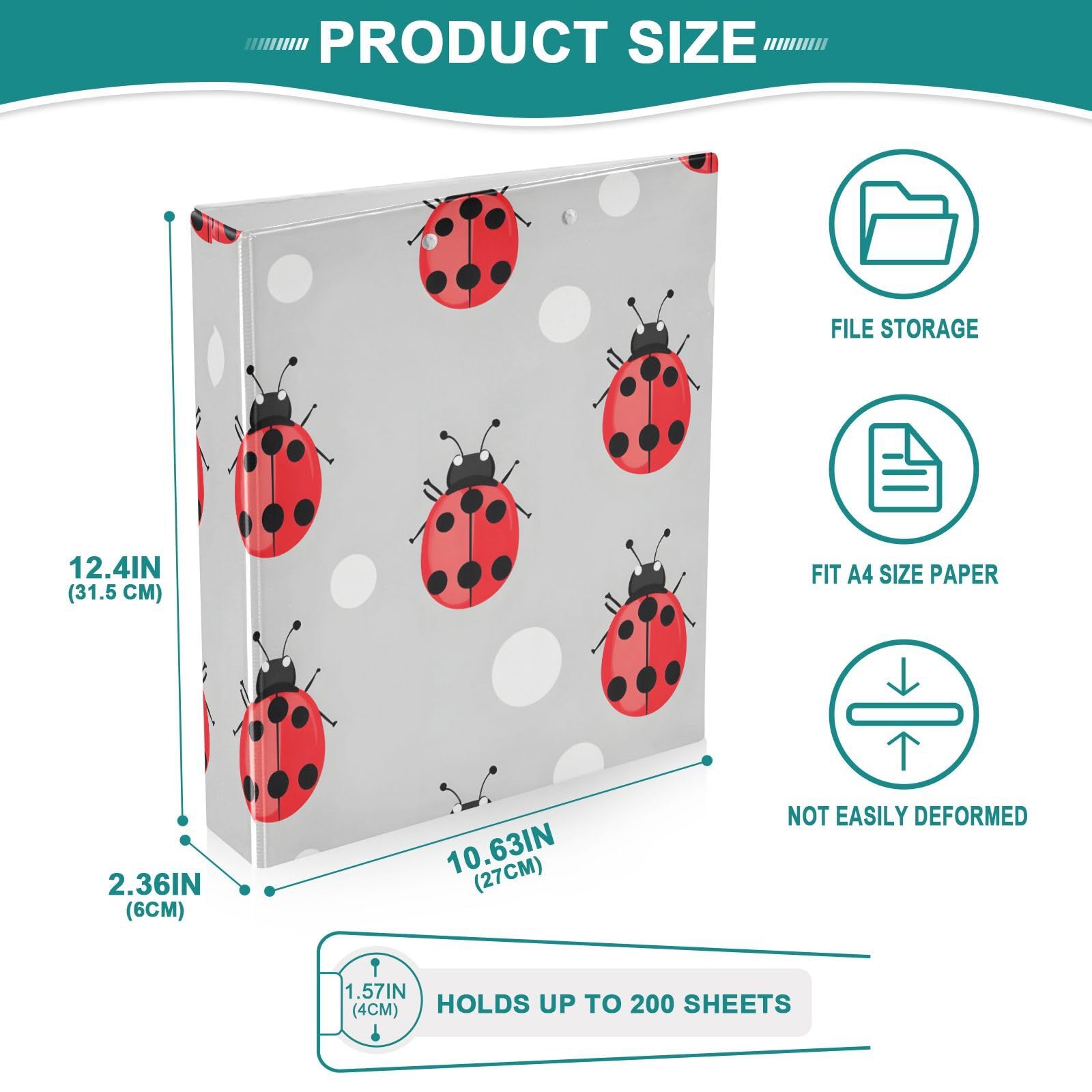 Confezione da 2 raccoglitori a 3 anelli, motivo coccinelle, 3,8 cm, con 3 tasche trasparenti, portablocco e contiene 200 fogli, per ufficio, scuola, organizzazione domestica