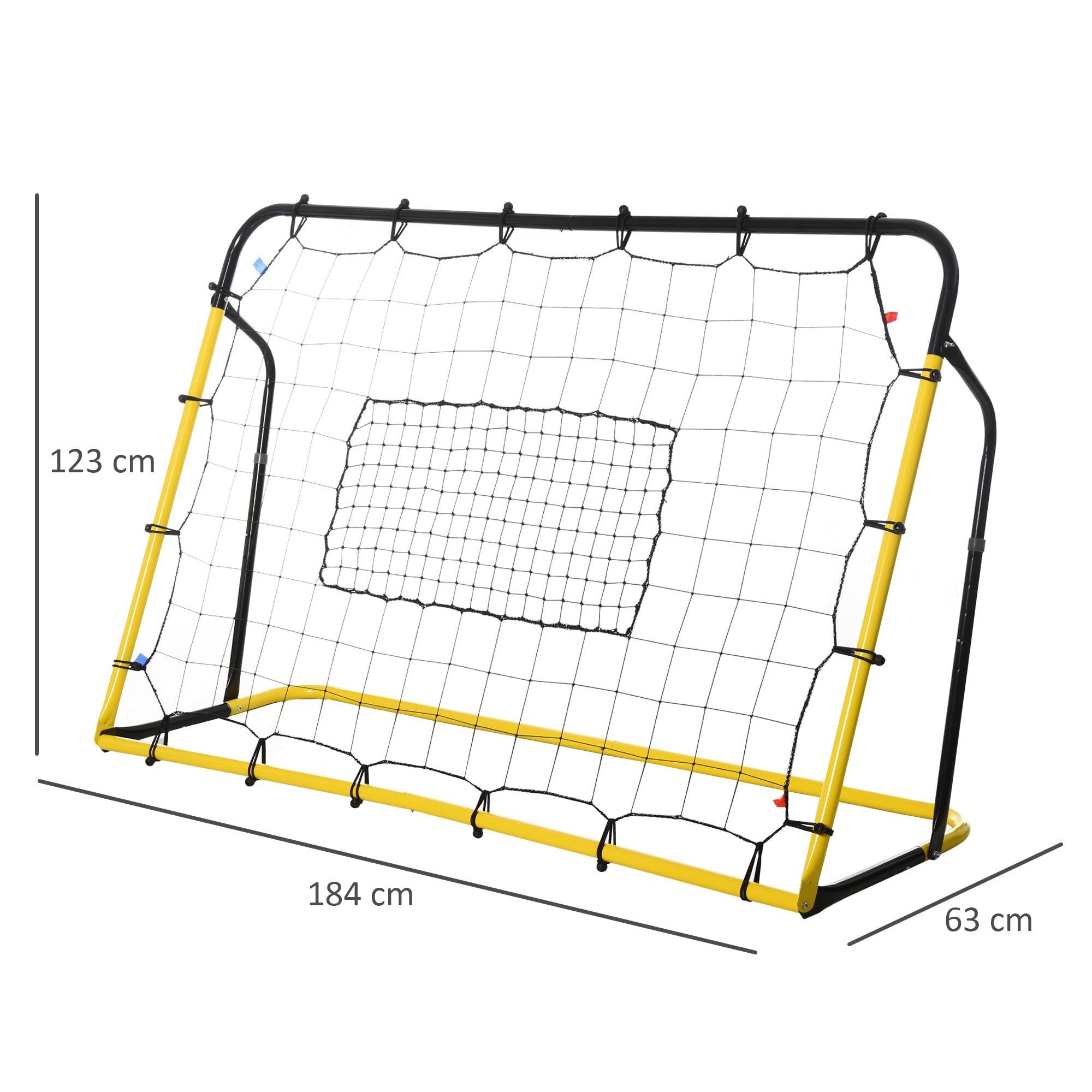HOMCOM Filet de Rebond de Football, 184L x 123H cm, rebondisseur de Football, 5 Angles réglables de 60° à 90°, pour l'entraînement de Football, de Baseball, de Basket-Ball, Jaune et Noir