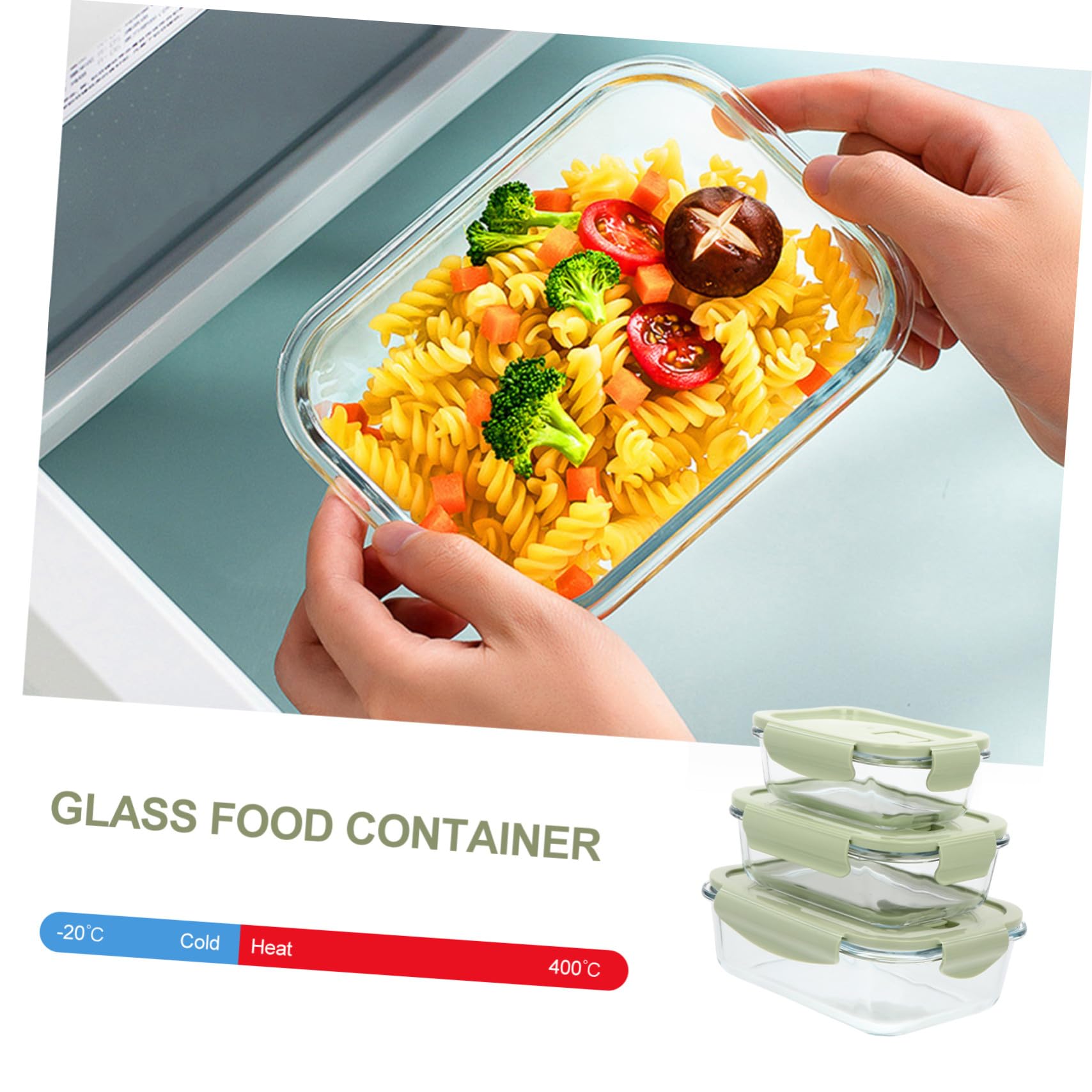 Boîte à Bento en Verre 3 Pièces Vert, Résistante aux Produits Chimiques