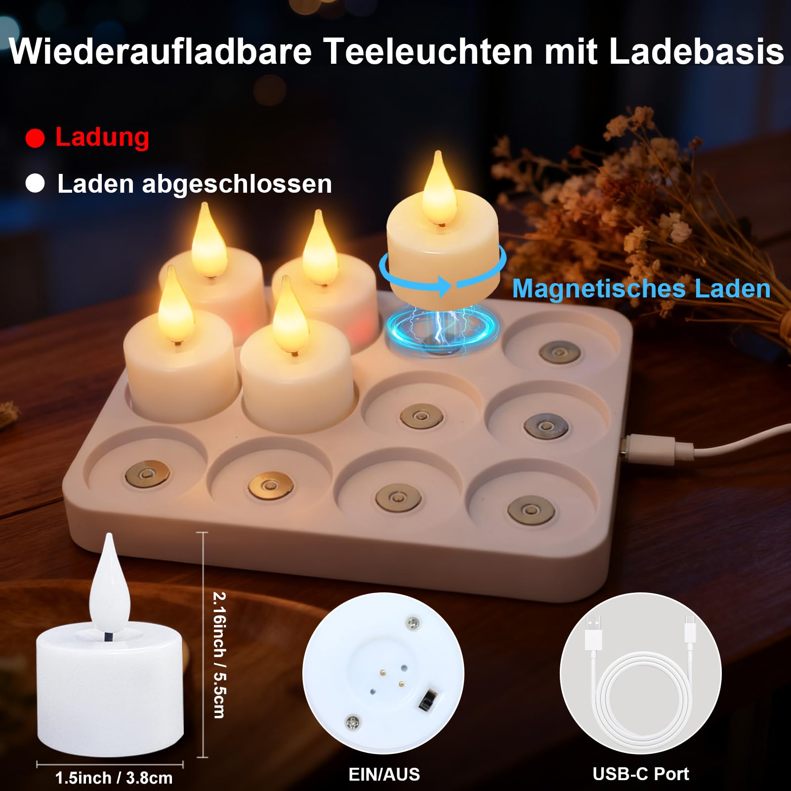 ZAIYW 12 stuks oplaadbare theelichtjes met afstandsbediening, timer en laadstation, elektrisch flikkereffect, led-kaarsen voor tafel, kamer, Halloween, Kerstmis, kamerdecoratie (warmwit