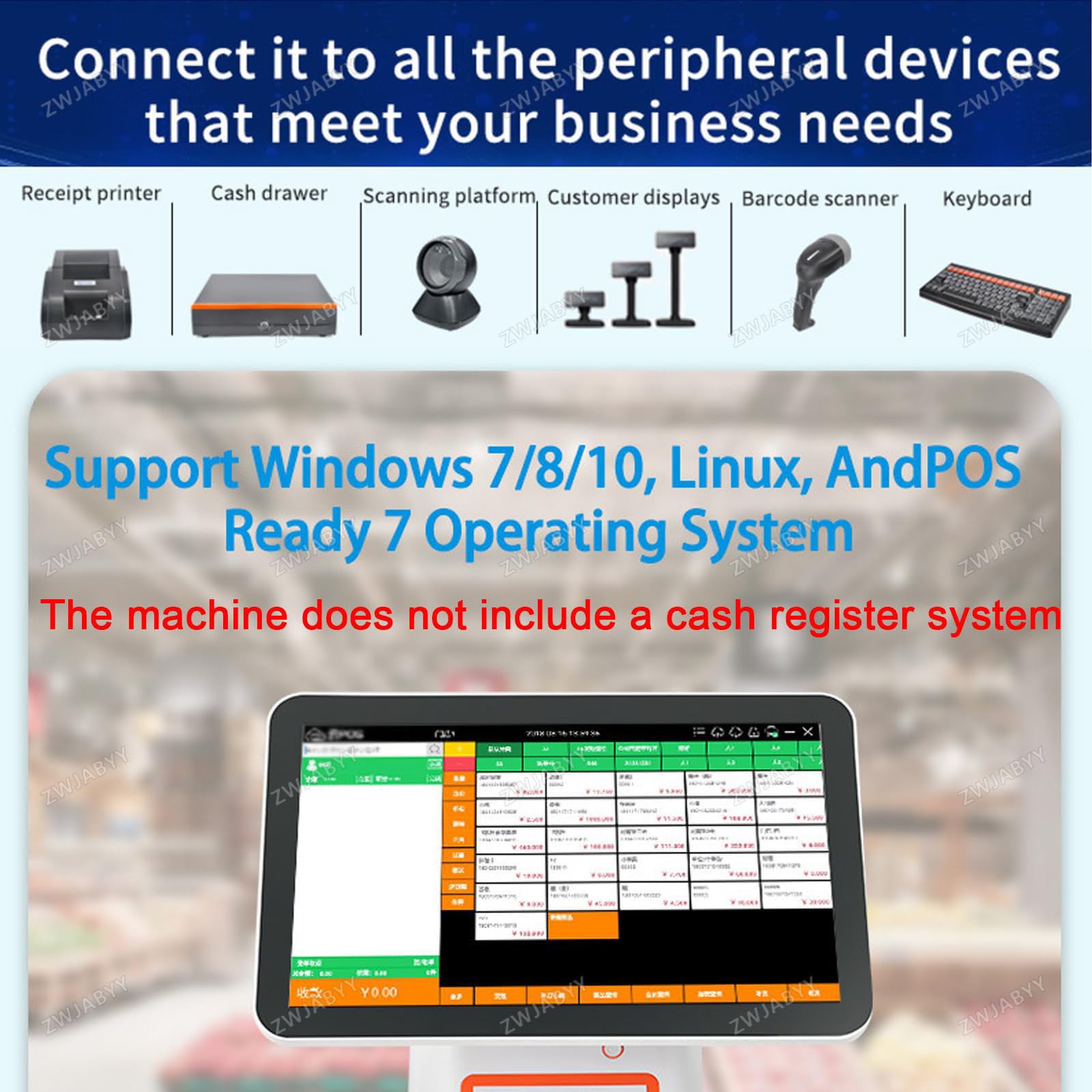 Terminal TPV Todo en uno de 15,6" con Pantalla táctil capacitiva Dual e Impresora térmica de Recibos para Cadenas minoristas y supermercados. White