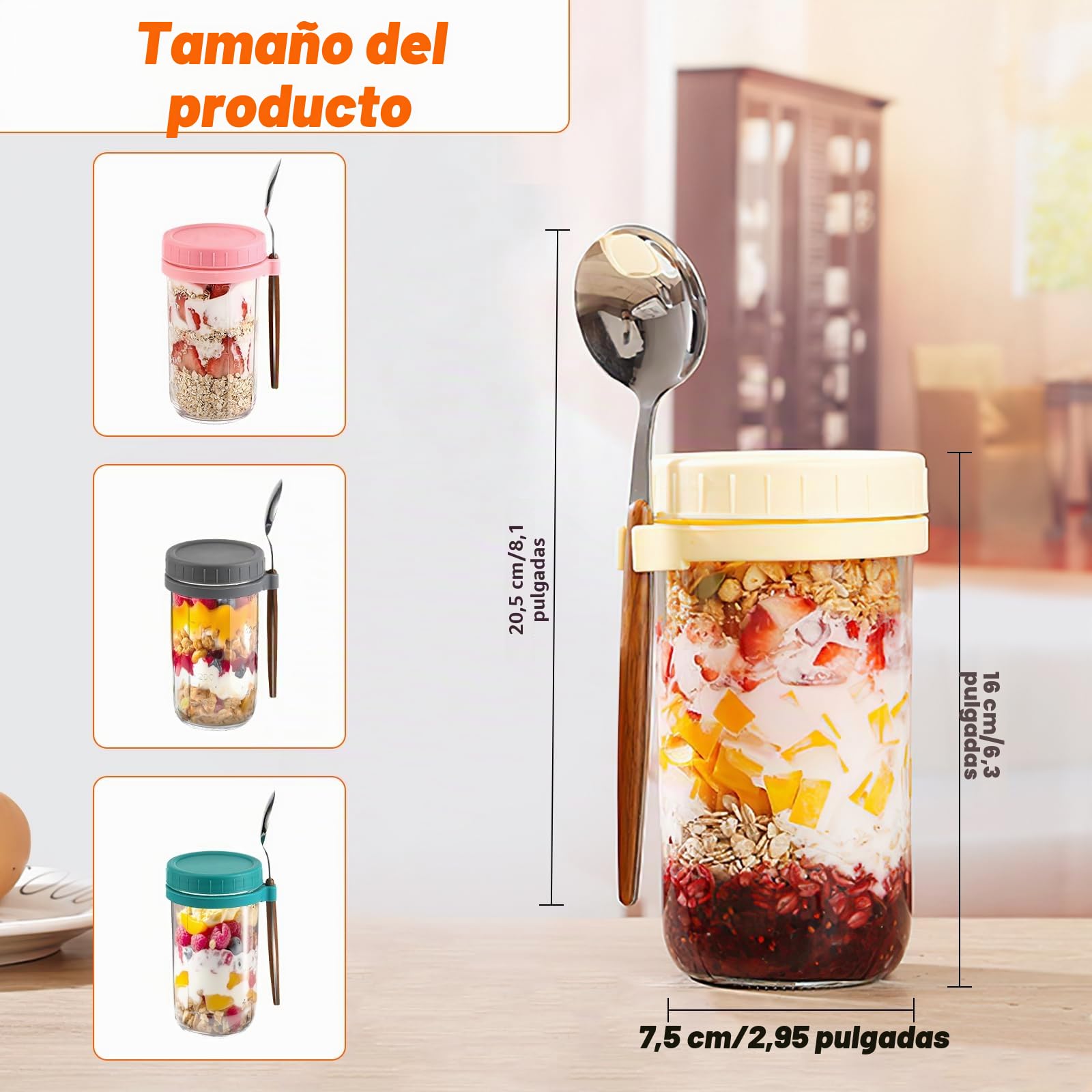 Pavlleen Tarros de Cristal 600ml con Tapa y Cuchara - Tarros de Avena Nocturna Portátil, Mason Jars con Medidor para Cereales, Leche, Yogur y Fruta