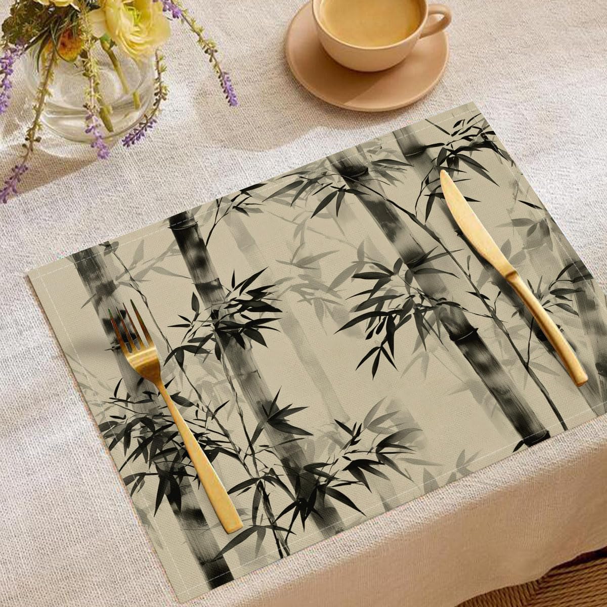 Set Di 8 Tovagliette Da Tavolo Foresta Di Bambù In Inchiostro - Illustrazione Cinese Design | Tovagliette Colazione | Americana 45X30Cm | Arazzo Seppia Tessuto Per Sala Da Pranzo - Lavabile