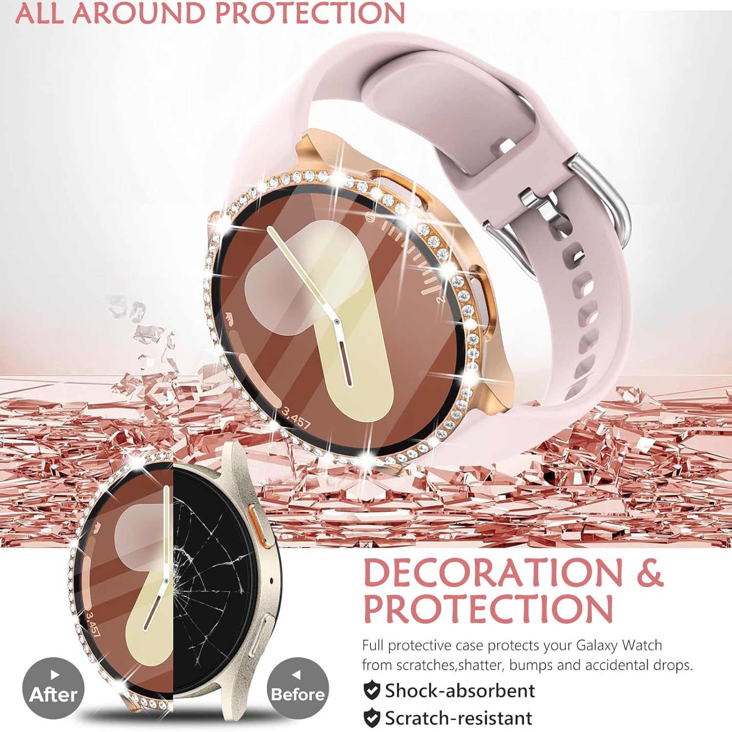 DEALELE [2-PACK] Case Compatible with Samsung Galaxy Watch 5/4 44mm, Bling Single-Row Diamond PC Protective Case Replacement Watch Cover Bumper (44mm, Gold+Transparent) — view 74