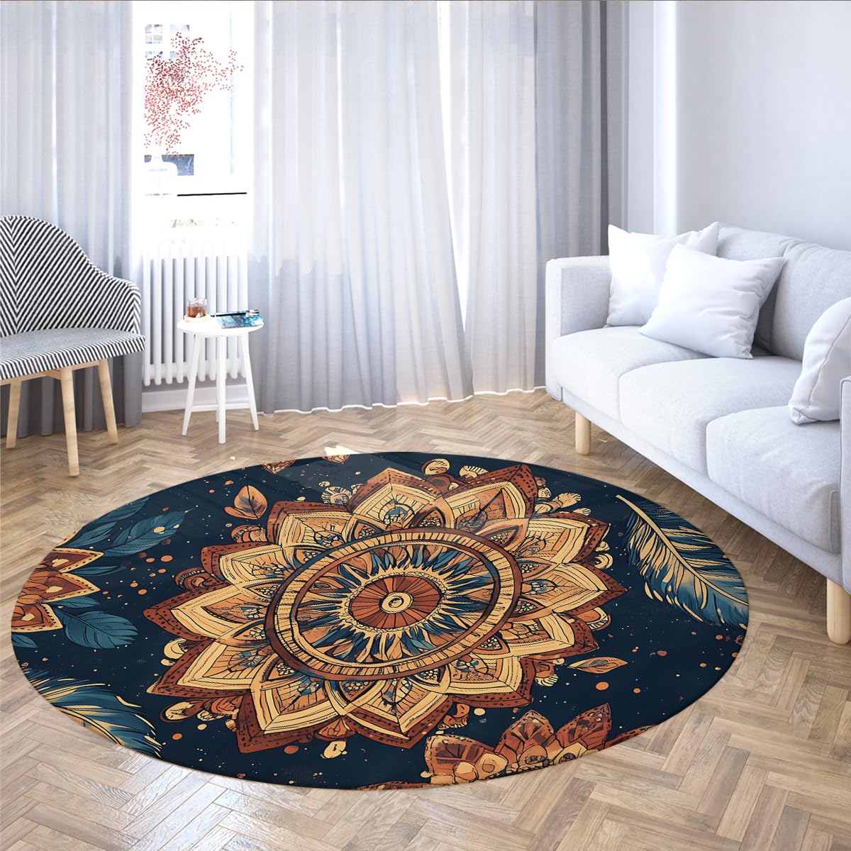 Boho medytacja paw pióropusz okrągły dywanik 130 cm psychodeliczny warstwowy kwiatowy dywanik można prać w pralce dywan z niskim runem antypoślizgowy składany do salonu sypialni biura granatowy