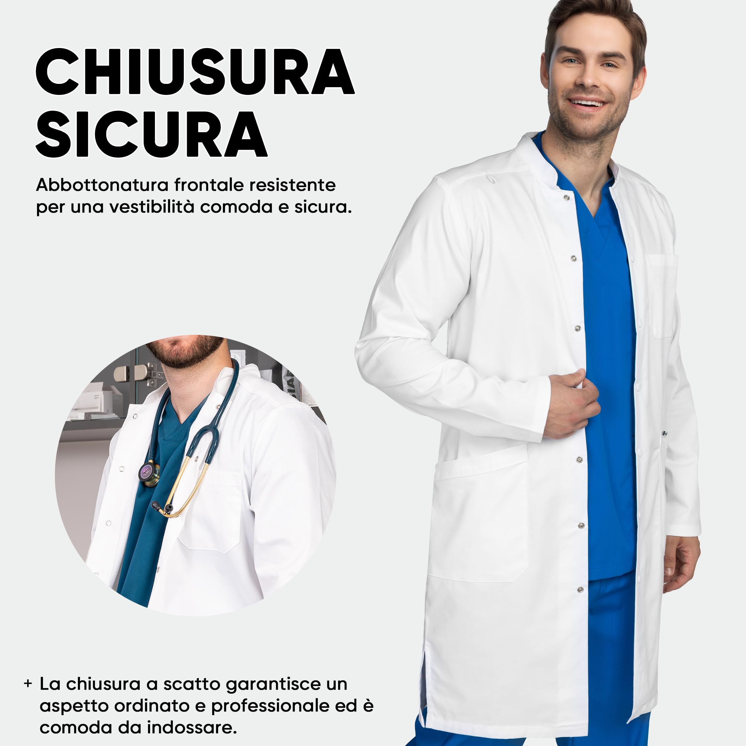 B-well Antonio Camice Laboratorio Uomo Cotone e Polyester Camice Medico Uomo con Maniche Lunghe, 3 Tasche e Fissaggio con Bottoni Automatici