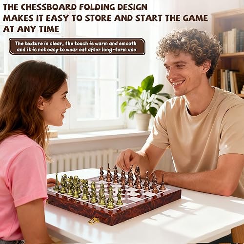 Miniatura 7 de Juego de ajedrez grande de metal egipcio para adultos, tablero de ajedrez de madera plegable de 15 pulgadas con piezas de ajedrez antiguas pesadas -