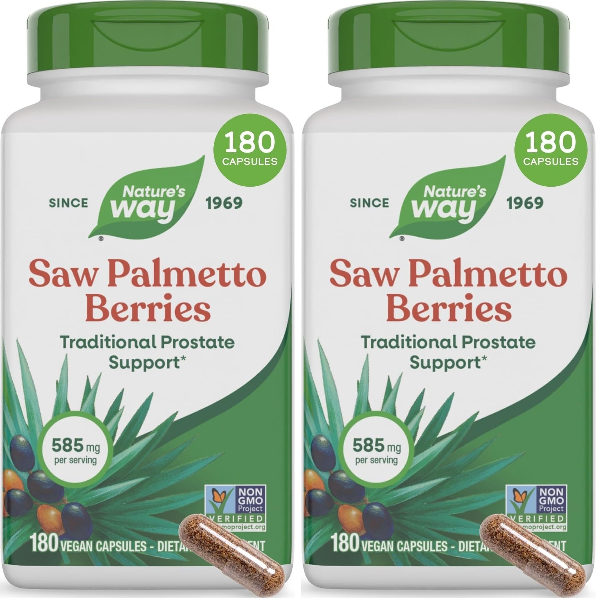 Nature's Way Saw Palmetto Berries,Traditional Prostate Support*,585 mg per Serving,Non-GMO Project Verified,Vegan,180 Capsules,(Pack of 2) 180 Count (Pack of 2)