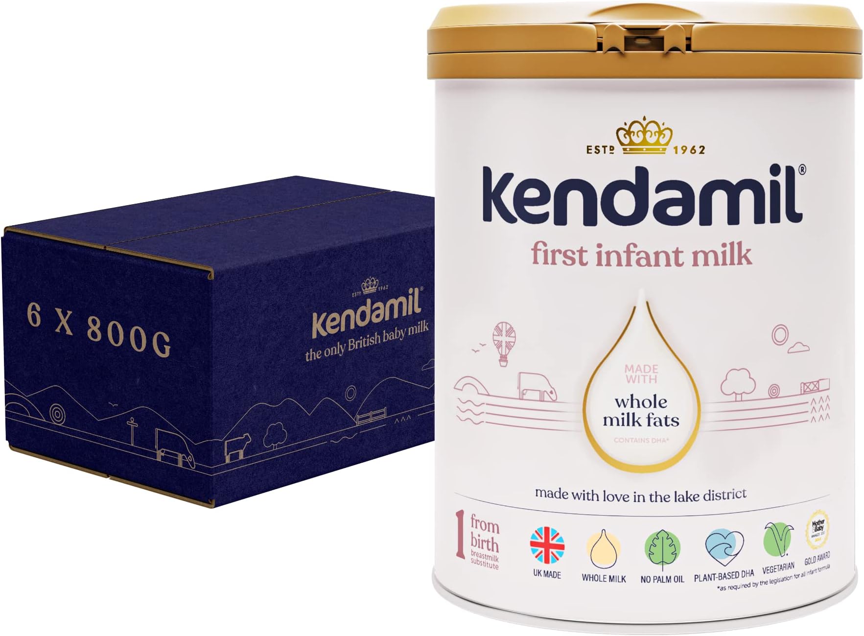 Kendamil First Infant Classic (6x800g) Stage 1 from Birth, Whole Milk Formula, Vegetarian, No Palm Oil, No GMOs and with Omega 3 DHA, Omega 6 ARA and Prebiotics