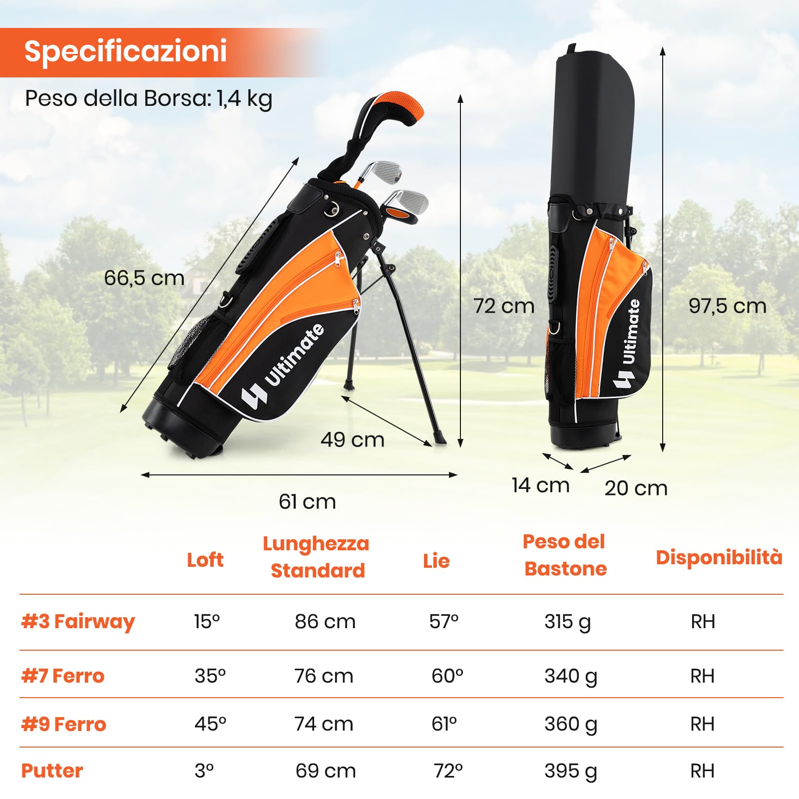 GYMAX Set Completo di Mazze da Golf per Bambini, Include 205CC #3 Fairway, Ferri #7 & #9, Putter, Copritesta, Sacca da Golf Portatile con Cappuccio Antipioggia, per Ragazzi 8-10/11-13 Anni