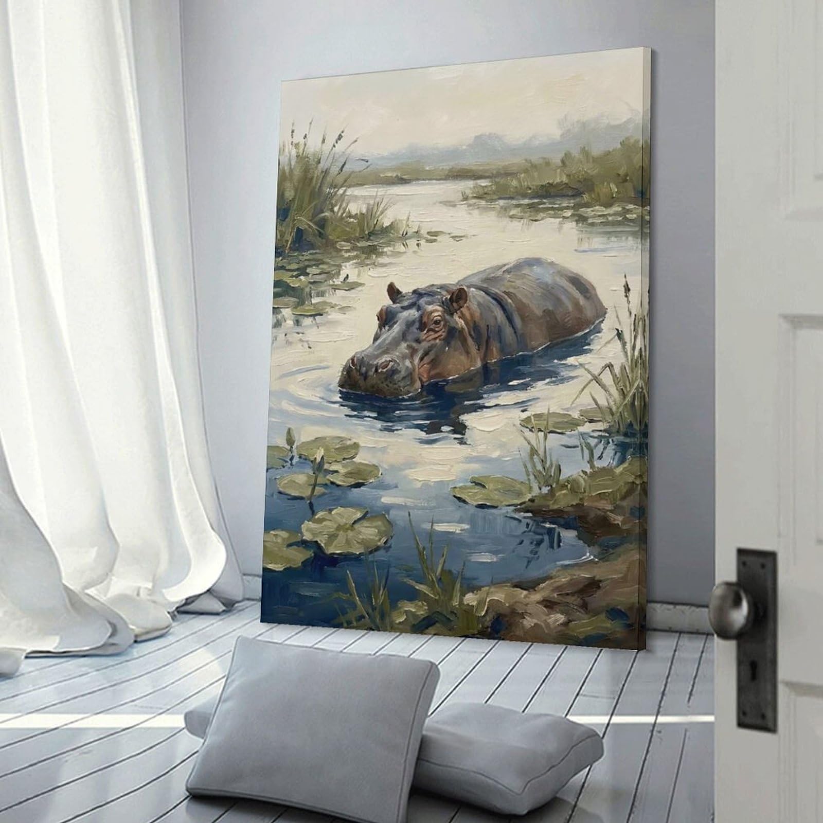 Junmoney Hippopotamus in A Lily Pond Decorative Wall Artwork 12x18inch(30x45cm), for Living Room, Lounge Or Sitting Room, A Home Accent with Warm Character