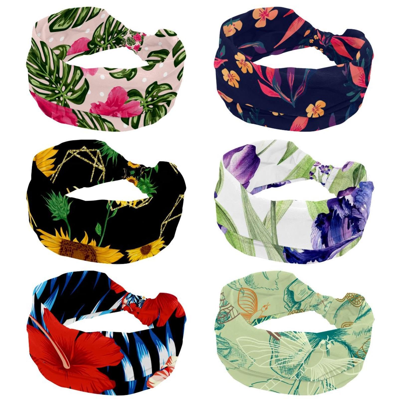 Lot de 6 bandeaux élastiques antidérapants pour femme, motif feuilles et fleurs, idéal pour l'entraînement, le sport, la gym, la course à pied, le fitness