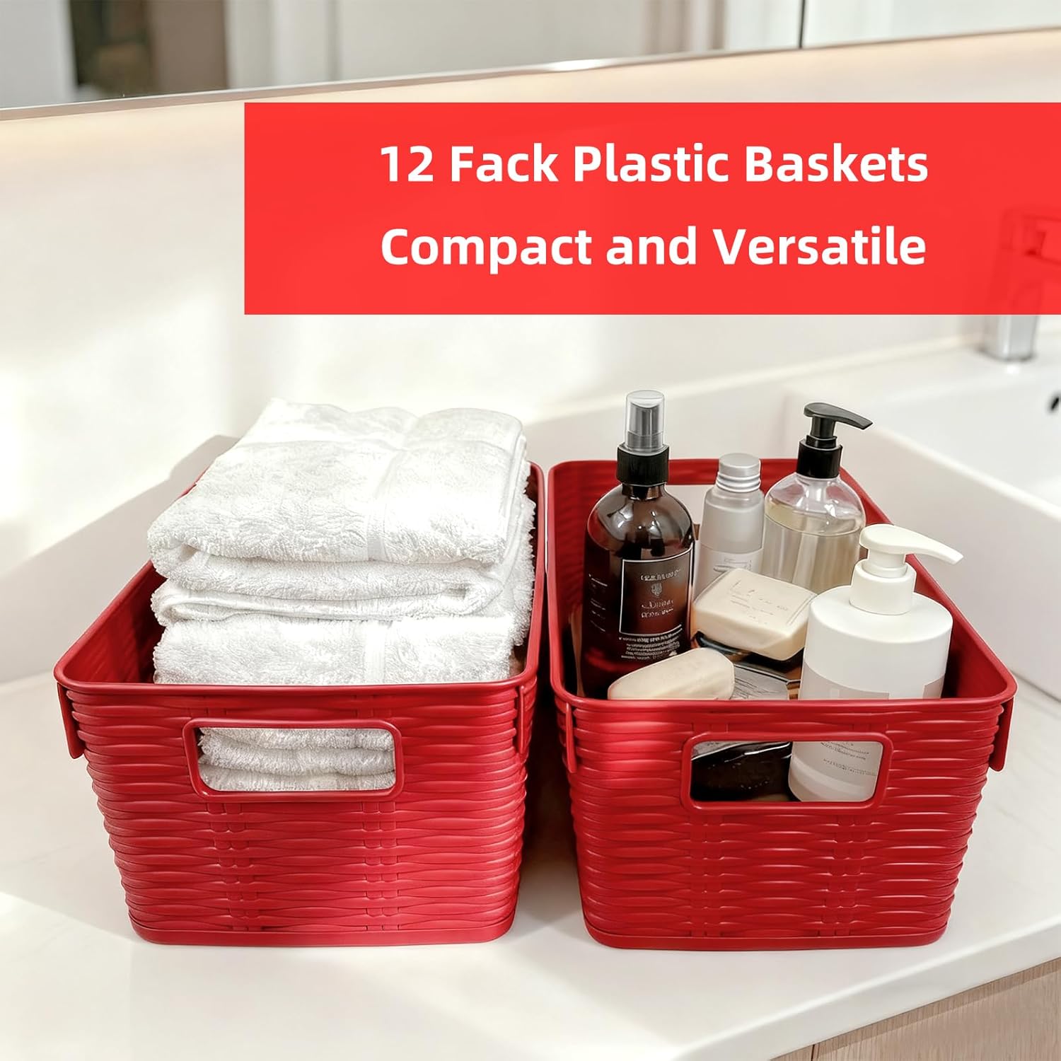 12-Pack Plastic Storage Baskets, Stackable & Nestable Organizer Bins for Toys, Clothes, Home (Red - Rectangular)