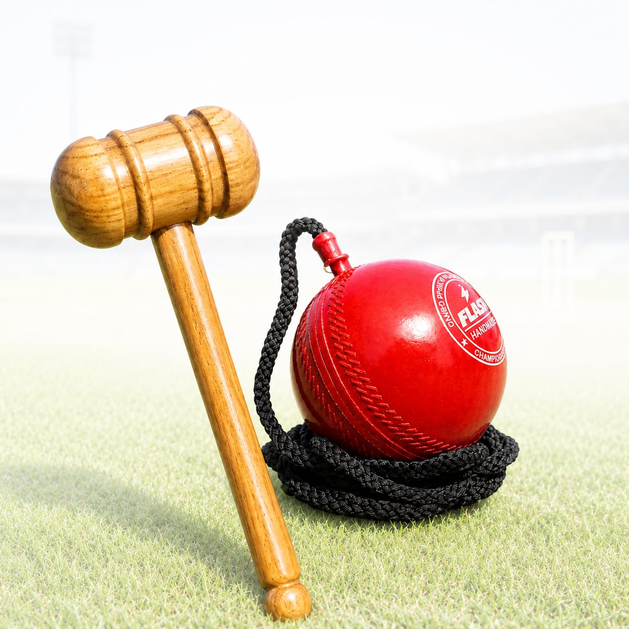 Synthetic Ball with Cord Cricket Hanging Ball and Wooden Mallet Hammer for Knocking Cricket Bat for Indoor & Outdoor Training, Practice, Batting-image-23