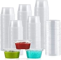 Vista 9 de Lilymicky 400 juegos de vasos de plástico desechables de 1 onza con tapas, pequeños recipientes de plástico para condimentos para salsa, vasos